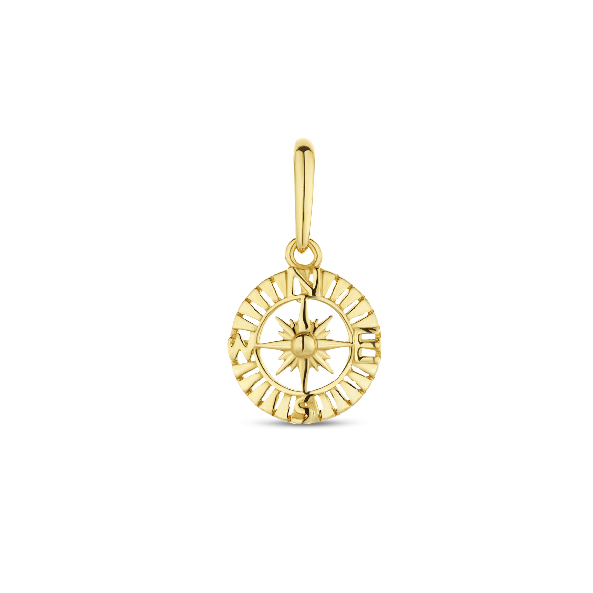 14k Geelgouden hanger in de vorm van een kompas. De hanger heeft een totale hoogte van 15mm.