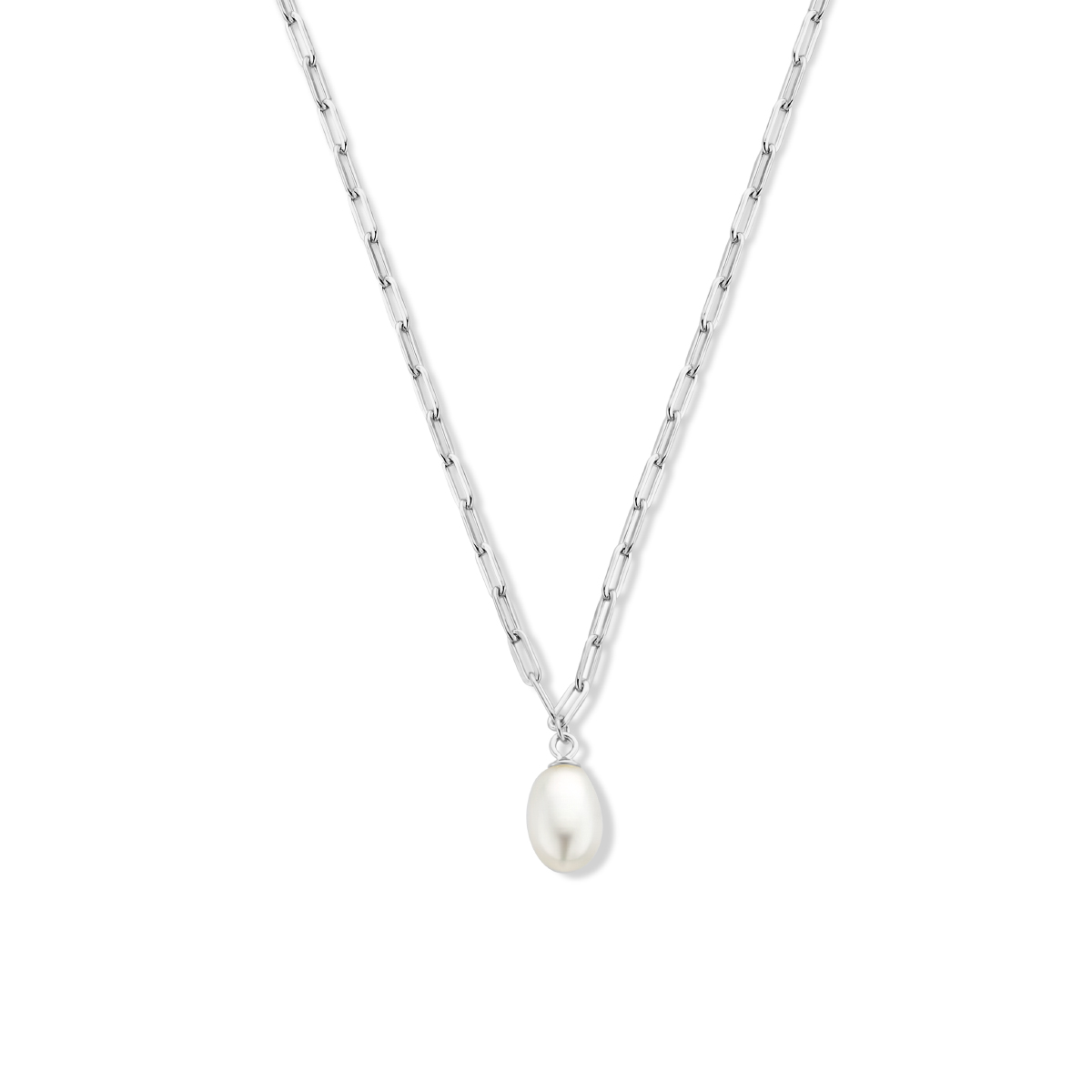 Gerhodineerd 925 zilveren collier met een zoetwaterparel en een paperclip (platte buis) schakel. Het collier heeft een draaglengte van 41cm en een extensie van 4cm. De schakelbreedte is 2mm.
Zoetwaterparel 6.5 mm x 10 mm 