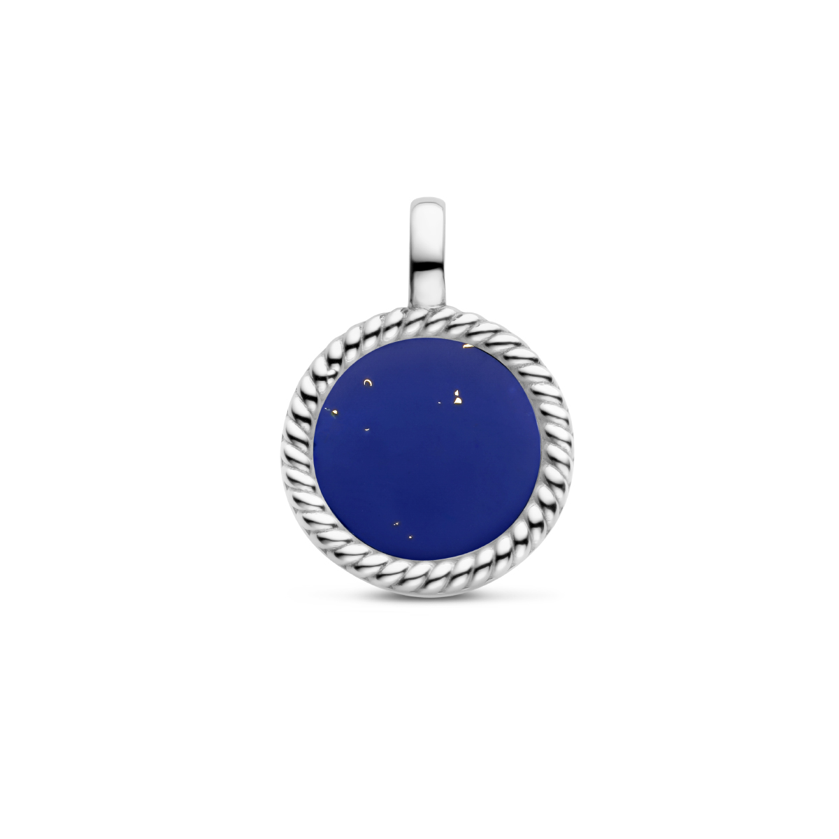 Stalen hanger uitgevoerd met synthetische lapis. De hanger heeft een diameter van 16.5mm.