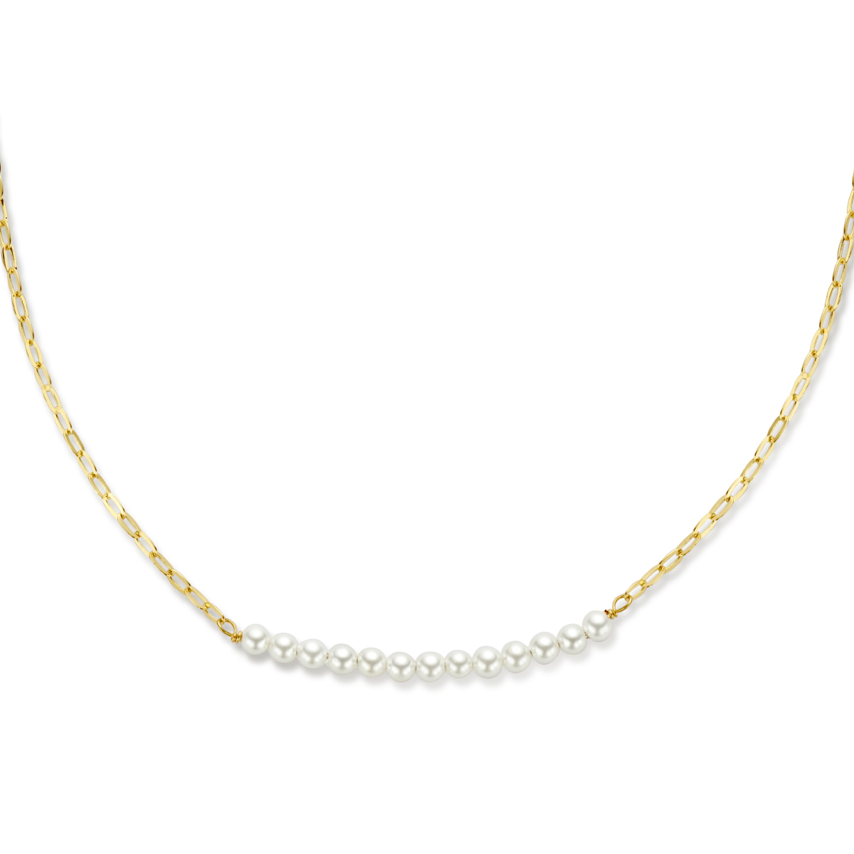 Verguld op 925 zilveren collier met synthetische parels. Het collier heeft een draaglengte van 40cm en een extensie van 5cm. De schakelbreedte is 1.8mm. Uitgevoerd met een karabijn sluiting. Geen garantie op plating.
