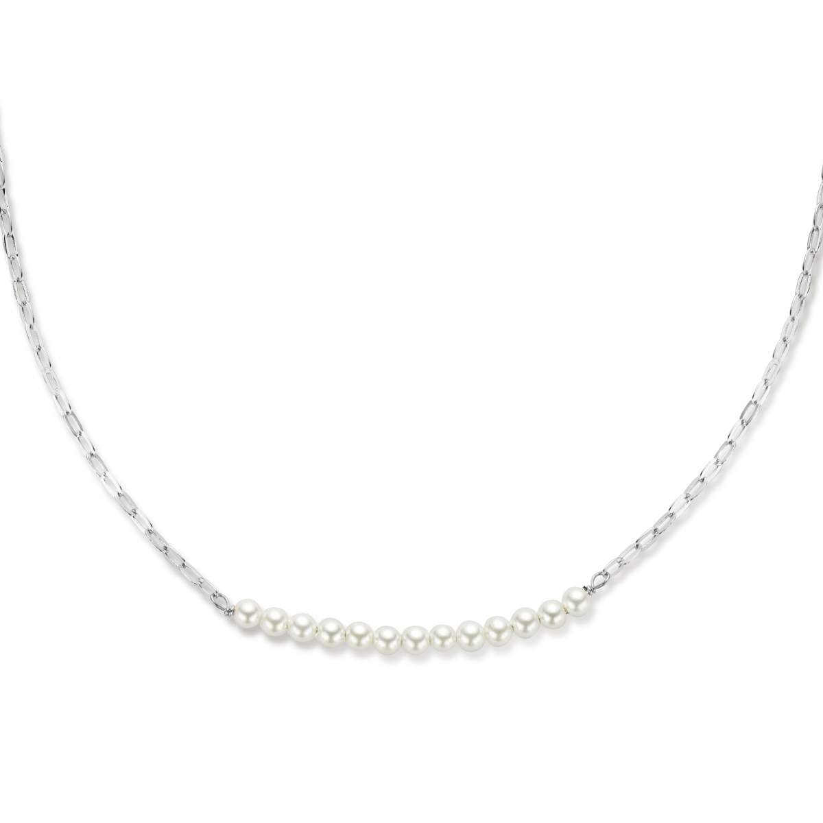 Gerhodineerd 925 zilveren collier met synthetische parels. Het collier heeft een draaglengte van 40cm en een extensie van 5cm. De schakelbreedte is 1.8mm. Uitgevoerd met een karabijn sluiting.