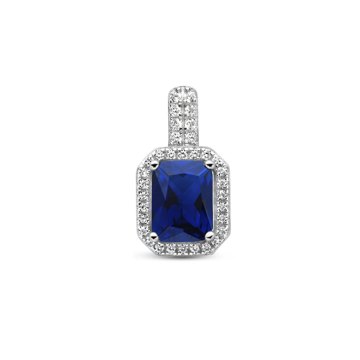 Gerhodineerd 925 zilveren hanger uitgevoerd met blauw zirkonia. De hanger heeft een afmeting van 17.5x9.5mm.
