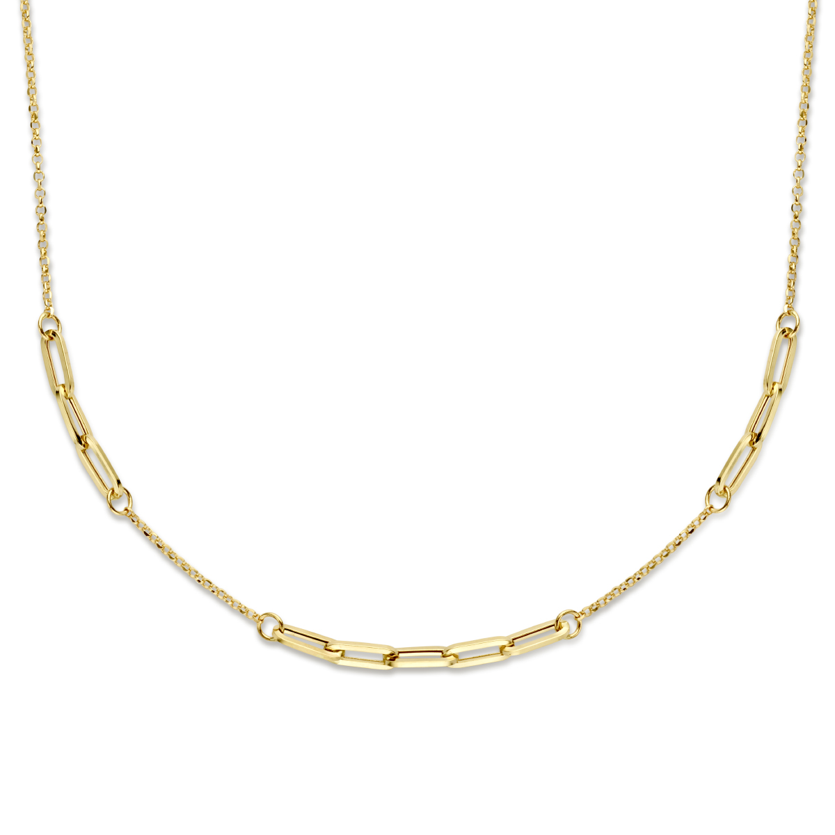 14k Geelgouden collier met een jasseron schakel van 1.5mm en een paperclip schakel van 3.5mm. Het collier heeft een draaglengte van 42cm en een extensie van 2cm. Uitgevoerd met een karabijn sluiting.