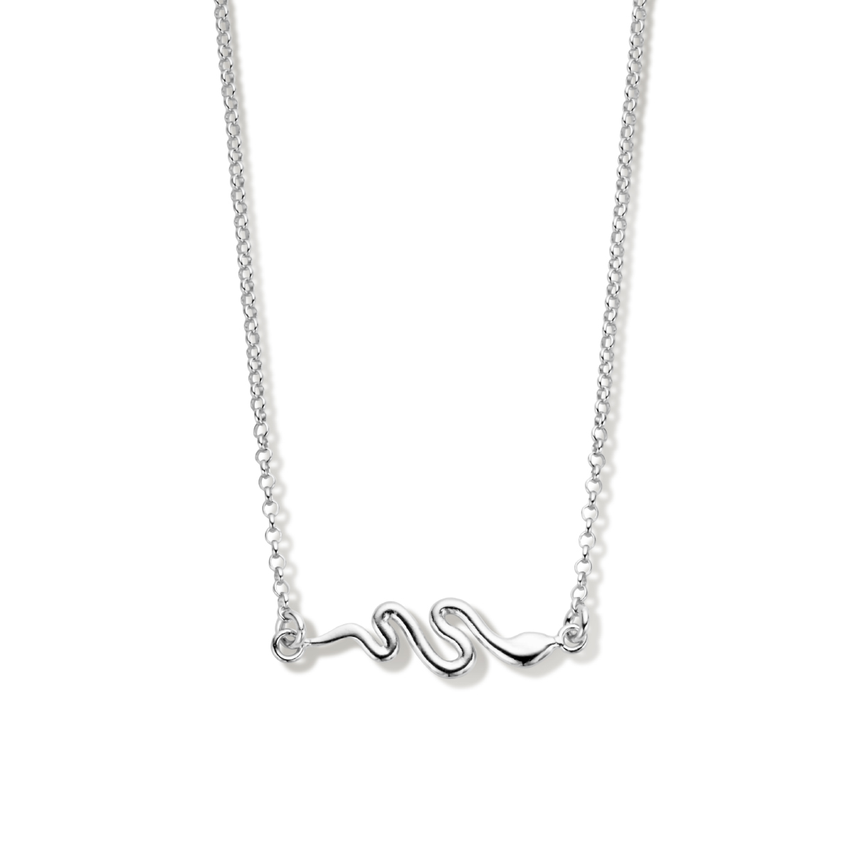 Gerhodineerd 925 zilveren collier met een slang voorstelling. Het collier heeft een draaglengte van 41cm en een extensie van 4cm. De schakelbreedte is 1.7mm. Uitgevoerd met een karabijn sluiting.