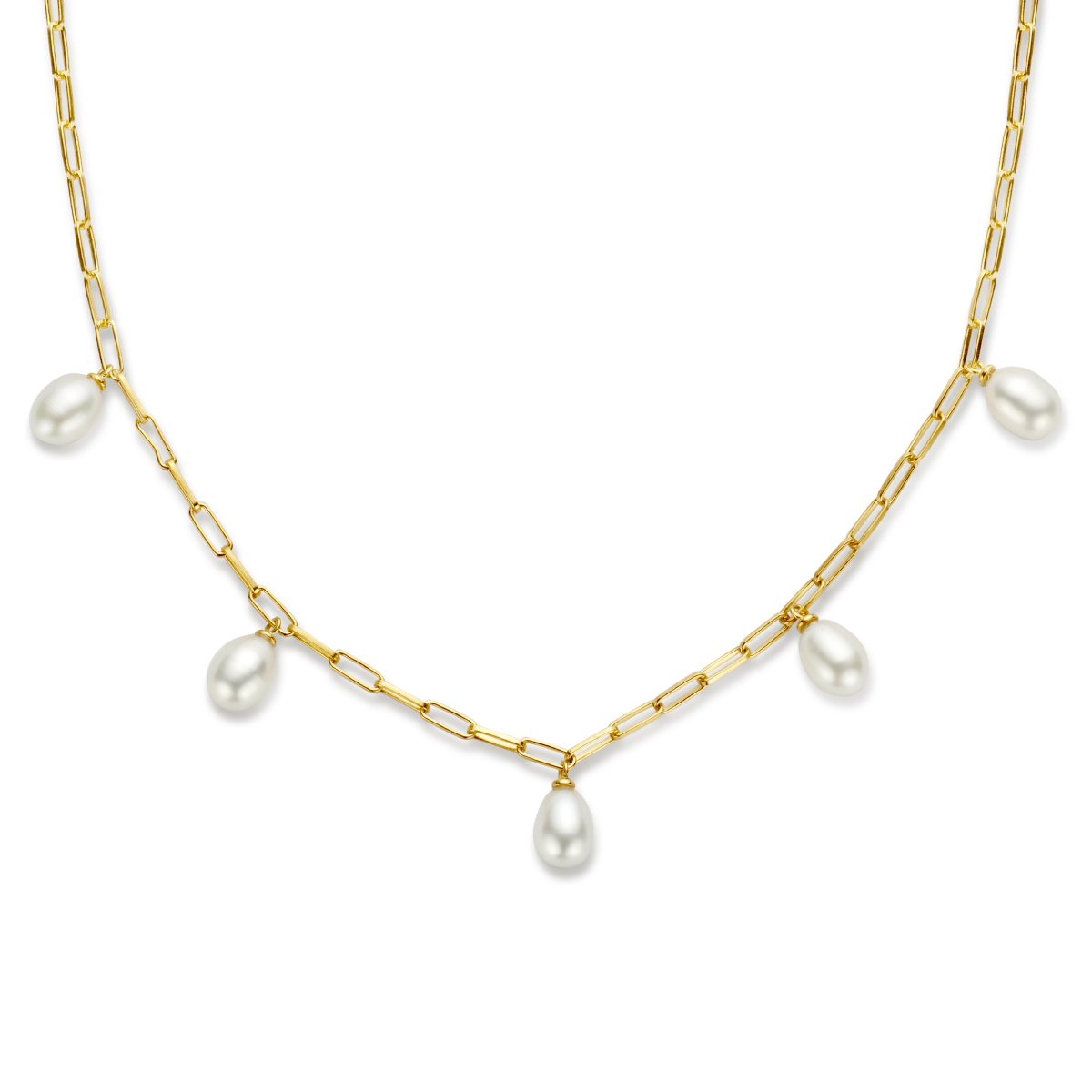 Verguld op 925 zilveren collier met zoetwaterparels. Het collier heeft een draaglengte van 42cm en een extensie van 3cm. De schakelbreedte is 2.3mm. Uitgevoerd met een karabijn sluiting. Geen garantie op plating.