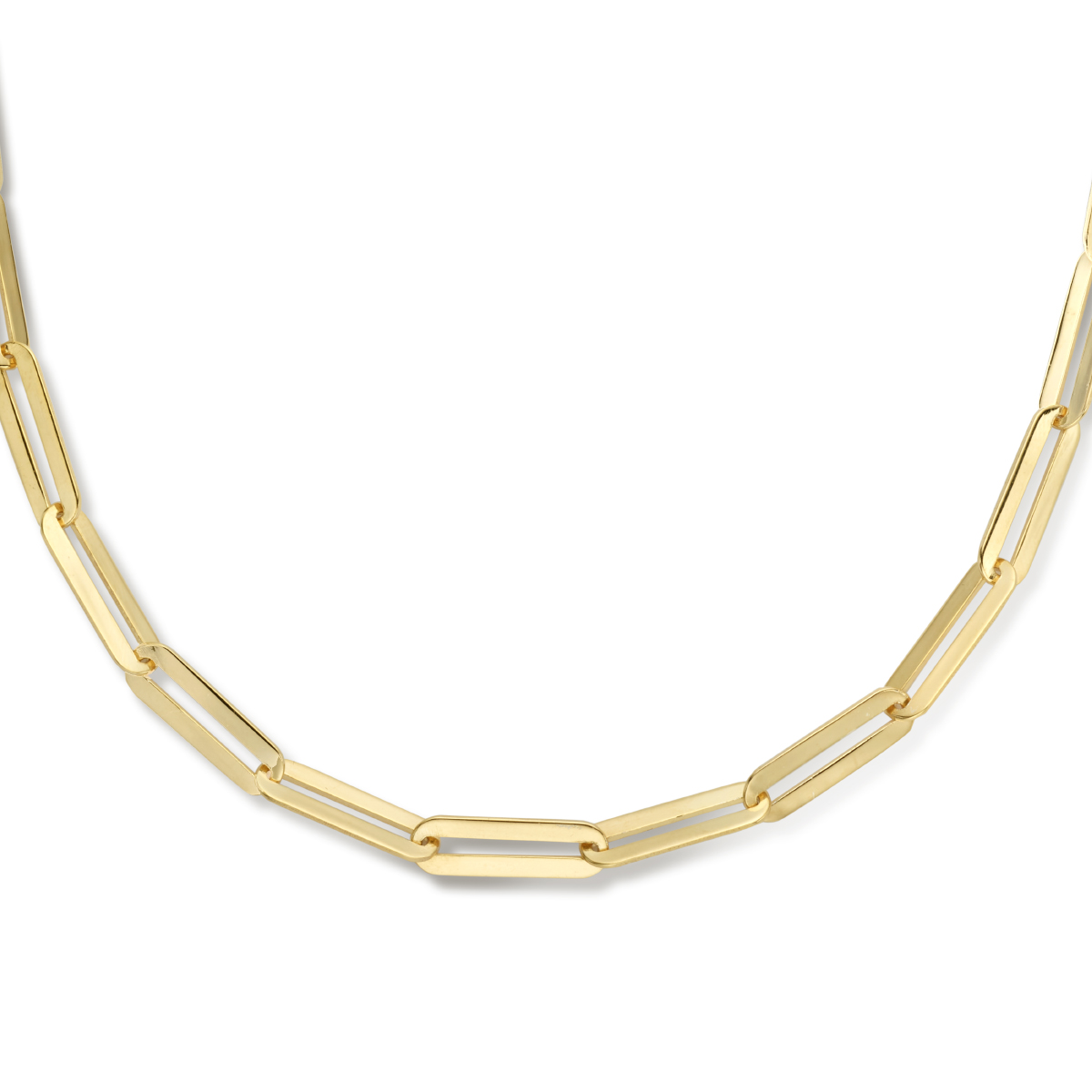 Geelgoud op 925 zilveren paperclip collier met een schakelbreedte van 5.0mm. Het collier heeft een draaglengte van 42cm en een extensie van 4cm. Uitgevoerd met een karabijn sluiting. Geen garantie op plating.