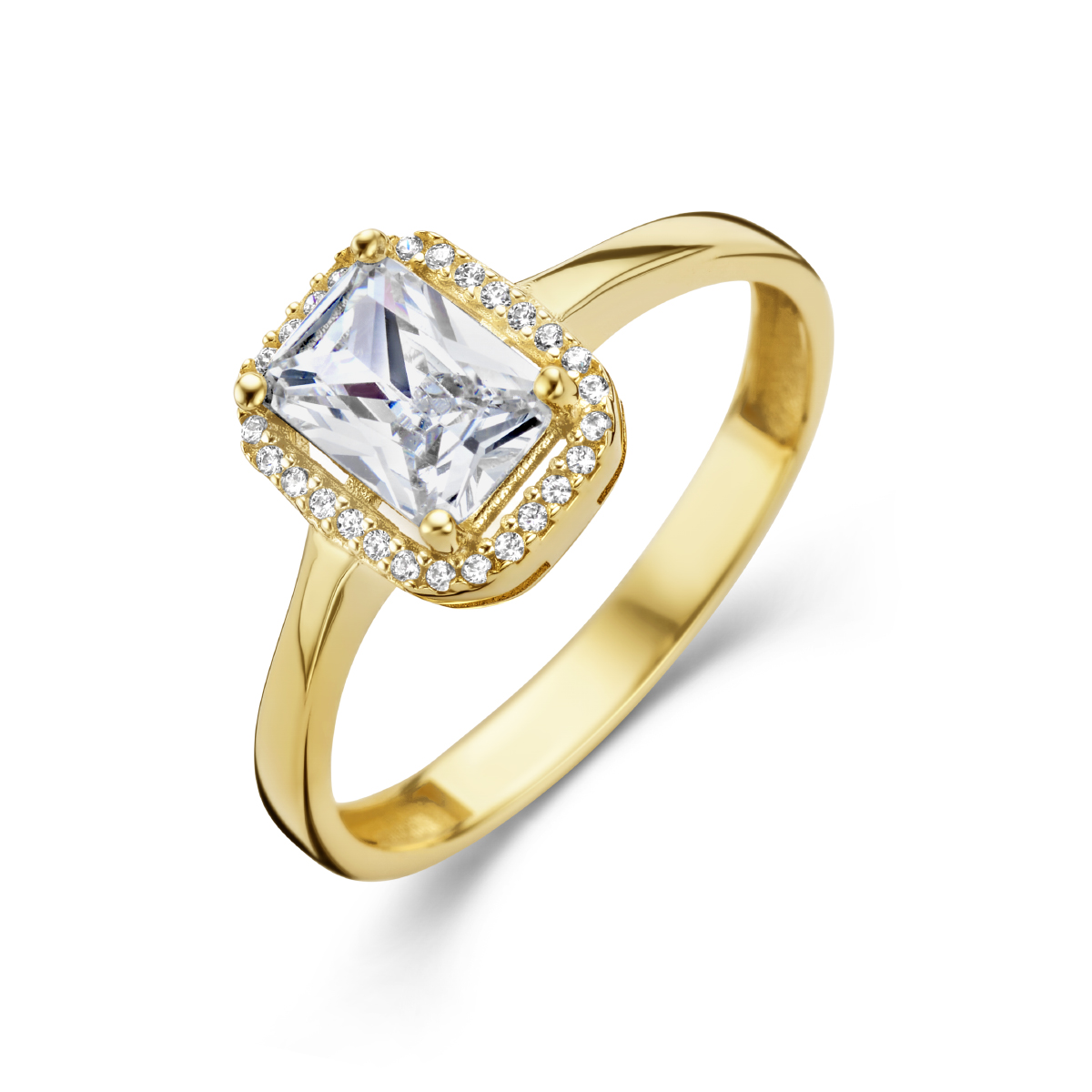 14k Geelgouden ring uitgevoerd met zirkonia. De ring heeft een breedte van 9.5mm.