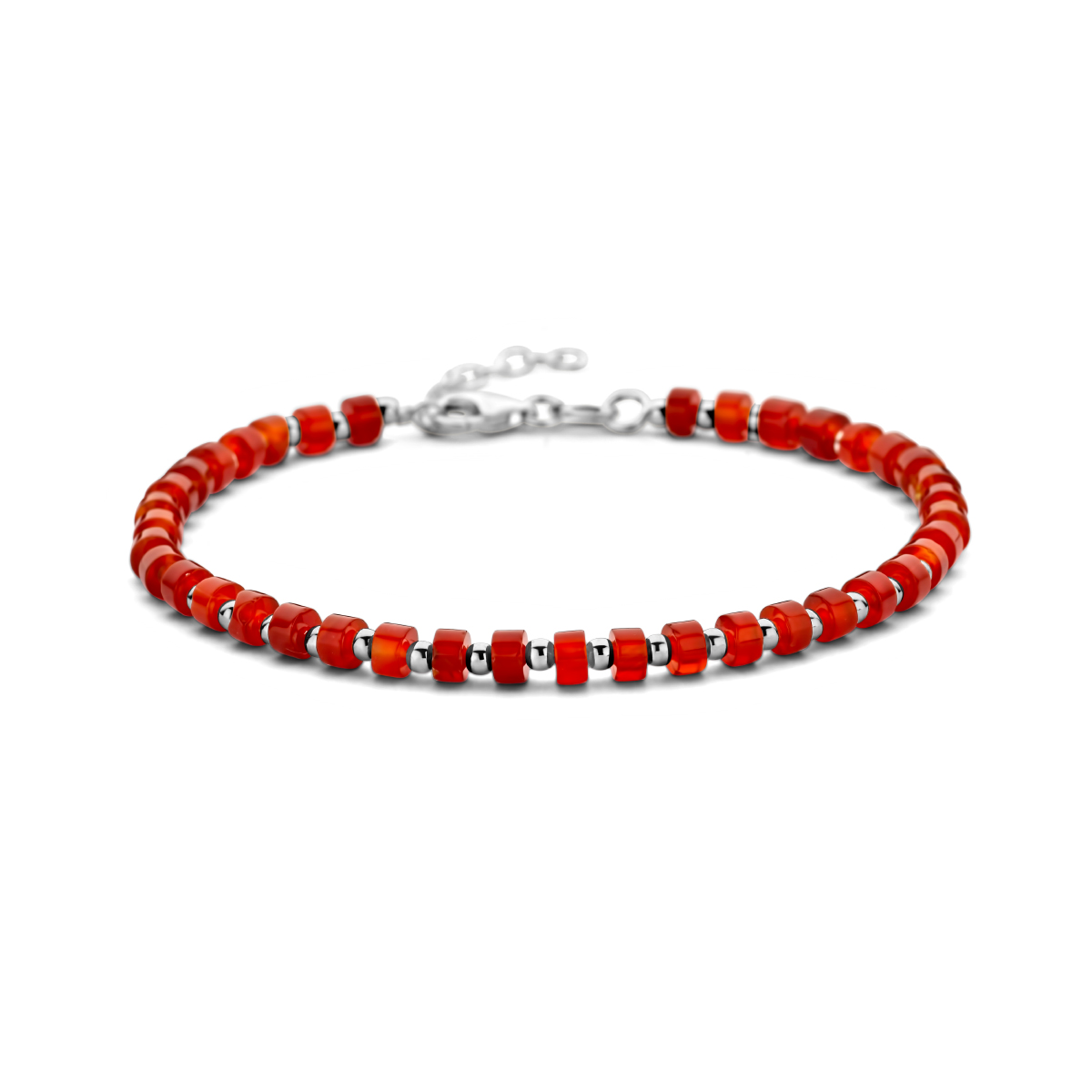 Gerhodineerd 925 zilveren armband met carneool stenen en een karabijn sluiting. De armband heeft een draaglengte van 20cm en een extensie van 3cm.
