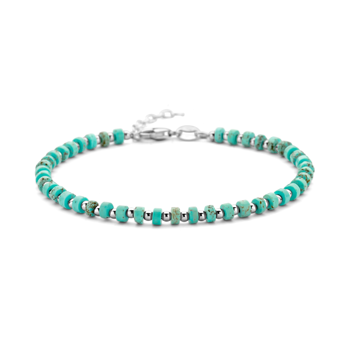 Gerhodineerd 925 zilveren armband met turquoise stenen en een karabijn sluiting. De armband heeft een draaglengte van 20cm en een extensie van 3cm.