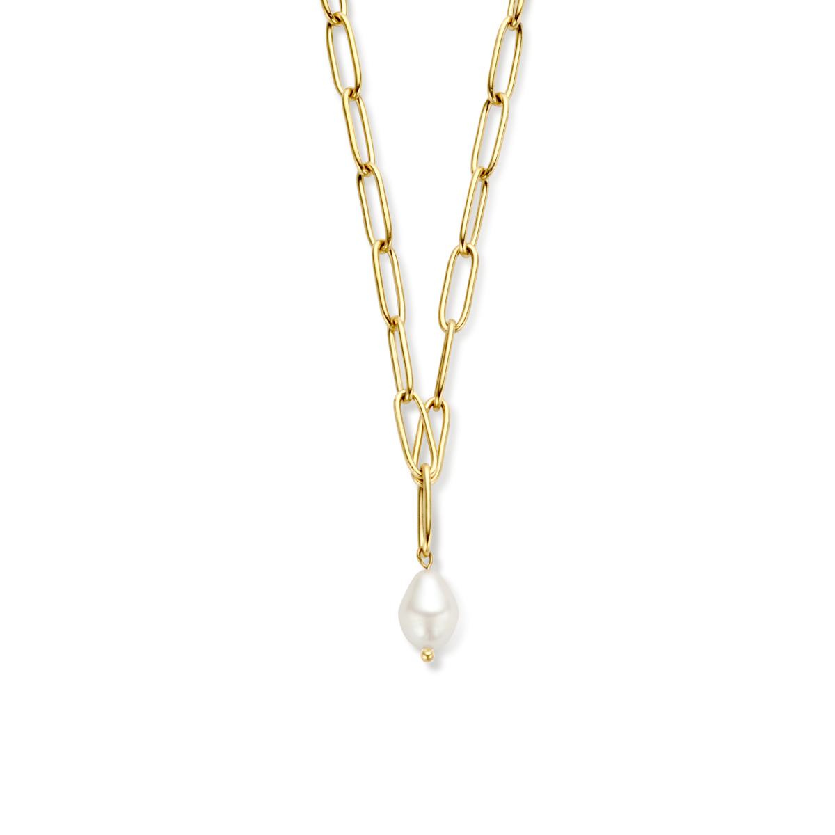 Stalen collier uitgevoerd met schitterende synthetisch parel. Het collier heeft een draaglengte van 45cm en schakelbreedte van 4.3mm.