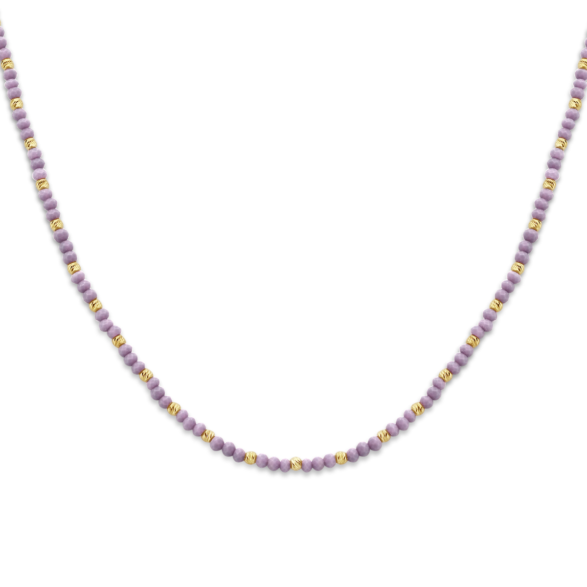 Geelgoud op 925 zilveren collier uitgevoerd met violet glas en een karabijn sluiting. Het collier heeft een draaglengte van 41cm en een extensie van 4cm. Geen garantie op plating.