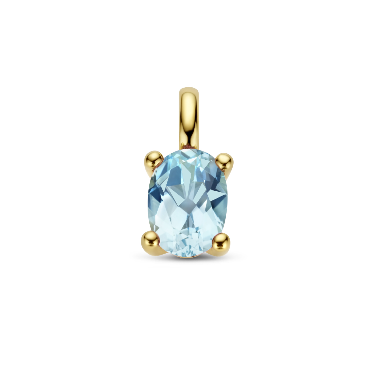 14k Geelgouden hanger uitgevoerd met schitterend blauw topaas. De topaas heeft een steengewicht van 1.10ct.
