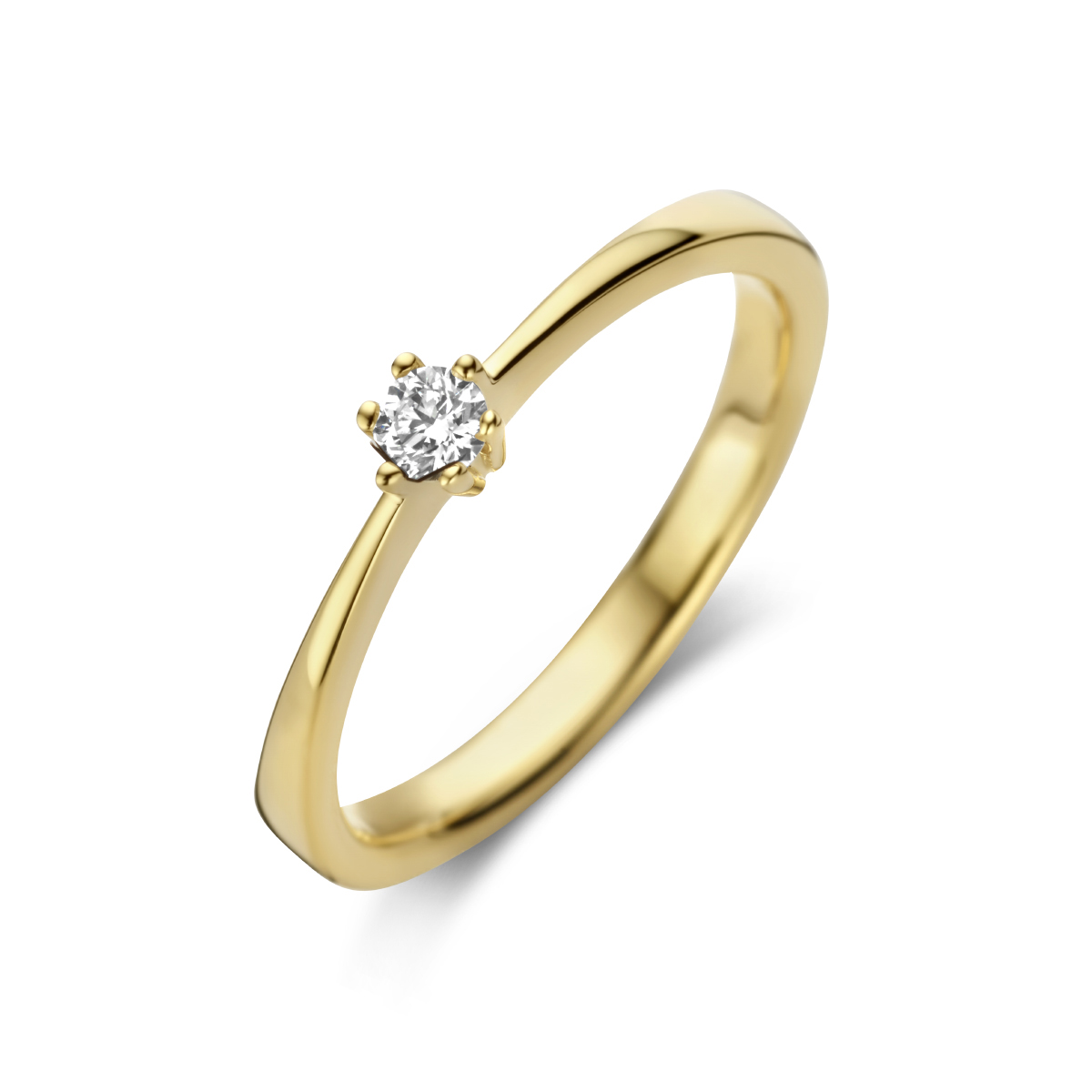 14k Geelgouden ring uitgevoerd met een schitterende diamant. De ring heeft een breedte van 3mm.