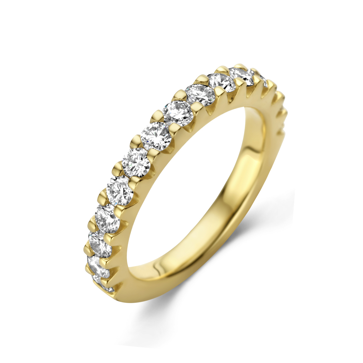 14k Geelgouden ring uitgevoerd met een schitterende diamant rij. De ring heeft een breedte van 3mm.