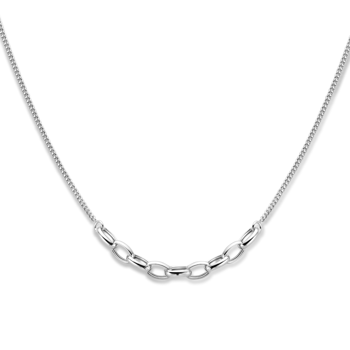 Gerhodineerd 925 zilveren collier met een draaglengte van 41cm en een extensie van 4cm. De gourmette schakel heeft een schakelbreedte van 1.8mm en de paperclip schakel 5.5mm. Uitgevoerd met een karabijn sluiting.