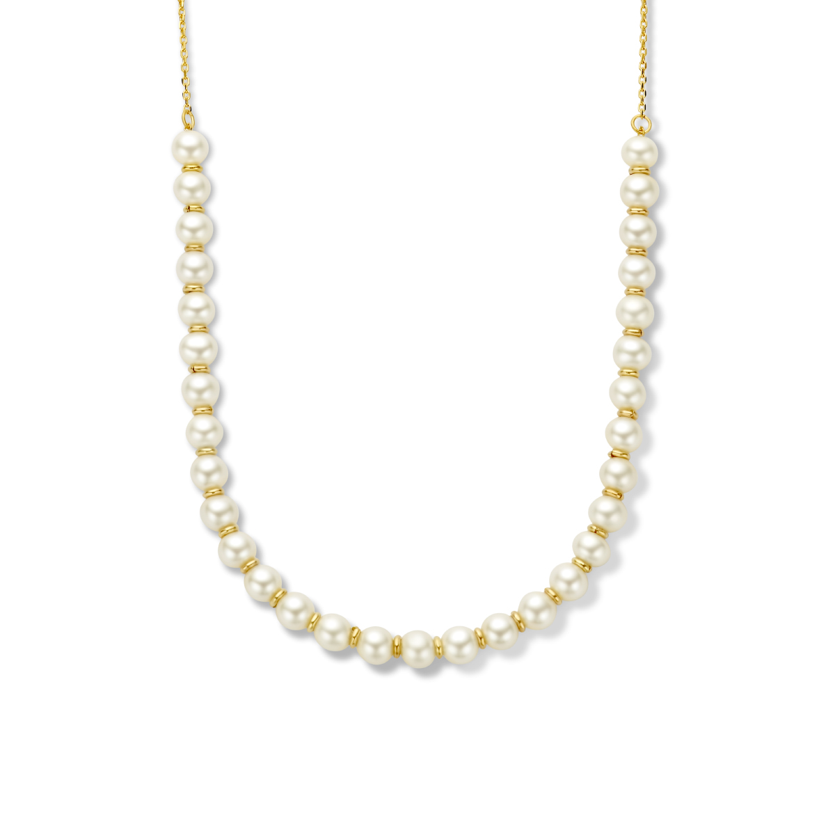 14k Geelgouden collier uitgevoerd met zoetwaterparels en een karabijn sluiting. Het collier heeft een draaglengte van 41cm en een extensie van 4cm. De schakelbreedte is 0.8mm.