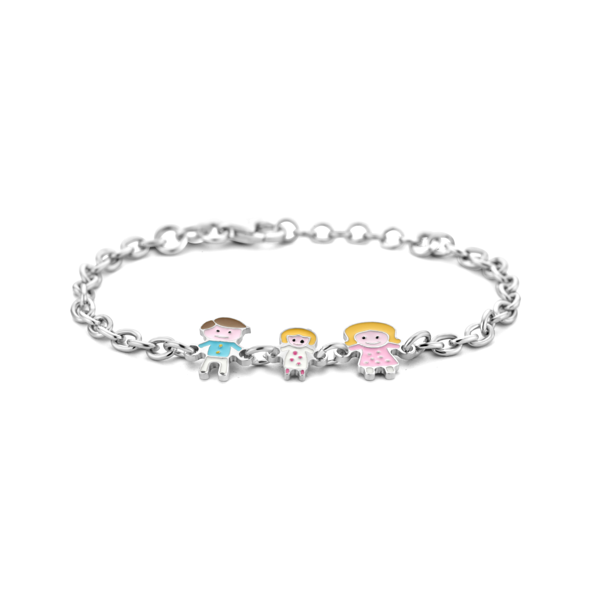 Gerhodineerd 925 zilveren armband uitgevoerd met drie hangers van een vader, een moeder en een kind. De armband heeft een schakelbreedte van 3.2mm en is uitgevoerd met karabijnsluiting.