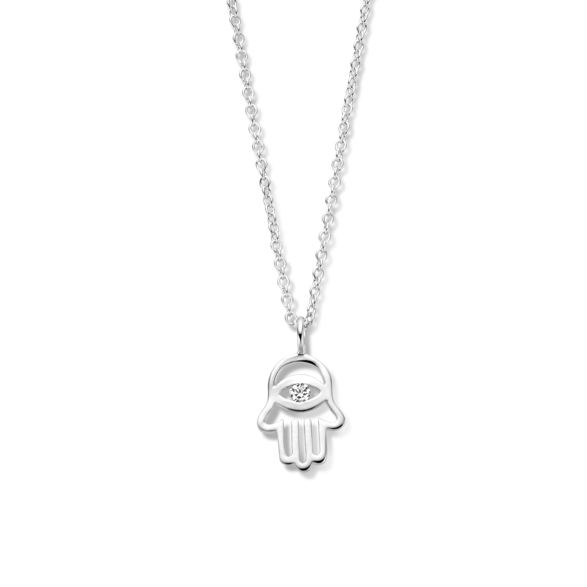 Gerhodineerd 925 zilveren collier uitgevoerd met het handje van fatima en zirkonia. Het collier heeft een schakelbreedte van 1.2mm en is uitgevoerd met karabijnsluiting. De draaglengte is 41cm met een extensie van 4cm.