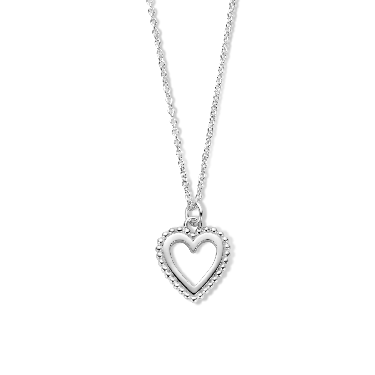Gerhodineerd 925 zilveren collier uitgevoerd met een hart. Het collier heeft een schakelbreedte van 1.2mm en is uitgevoerd met karabijnsluiting. De draaglengte is 41cm met een extensie van 4cm.