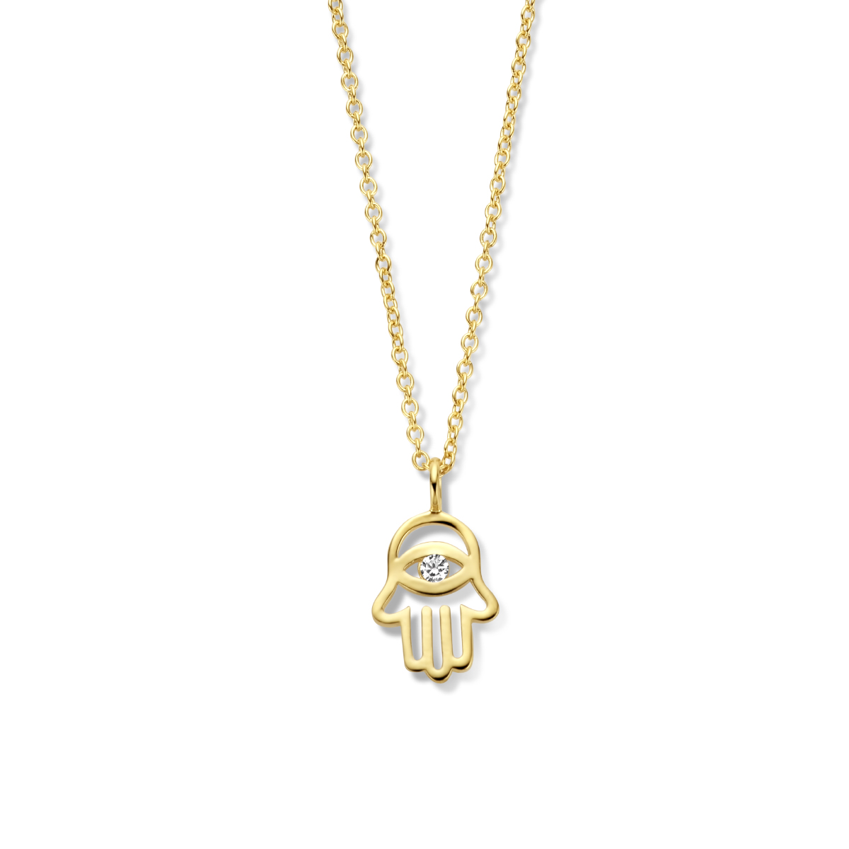 Geelgoud op 925 zilveren collier uitgevoerd met het handje van fatima en zirkonia. Het collier heeft een schakelbreedte van 1.2mm en is uitgevoerd met karabijnsluiting. De draaglengte is 41cm met een extensie van 4cm. Geen garantie op plating.