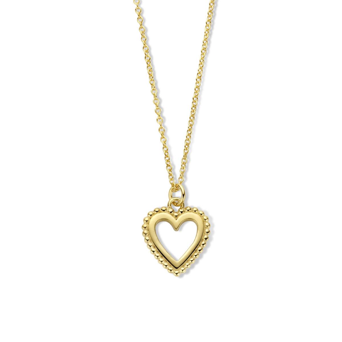 Geelgoud op 925 zilveren collier uitgevoerd met een hart. Het collier heeft een schakelbreedte van 1.2mm en is uitgevoerd met karabijnsluiting. De draaglengte is 41cm met een extensie van 4cm. Geen garantie op de plating.