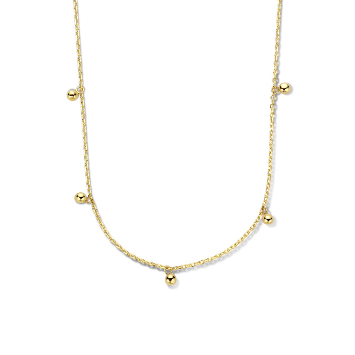 14k Geelgouden collier uitgevoerd met bolletjes van 2.5mm. Het collier heeft een schakelbreedte van 1mm. De draaglengtes zijn 41, 43 en 45cm.