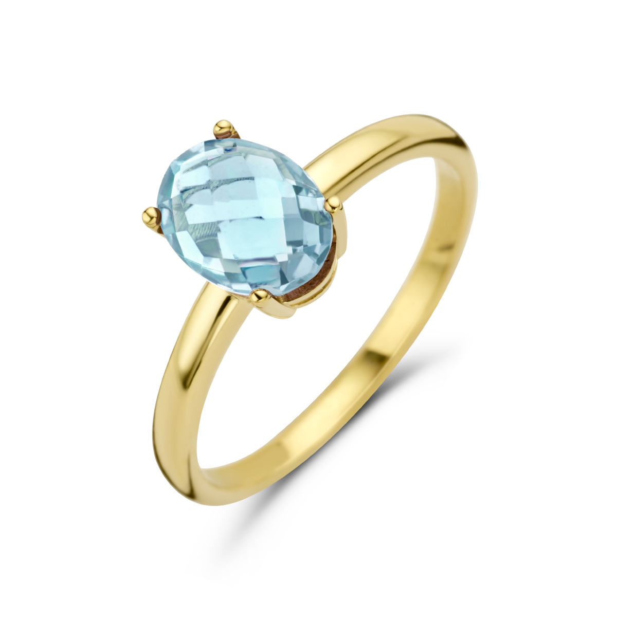 14k Geelgouden ring uitgevoerd met sky blue topaas. De topaas heeft een steengewicht van 0.27ct.
