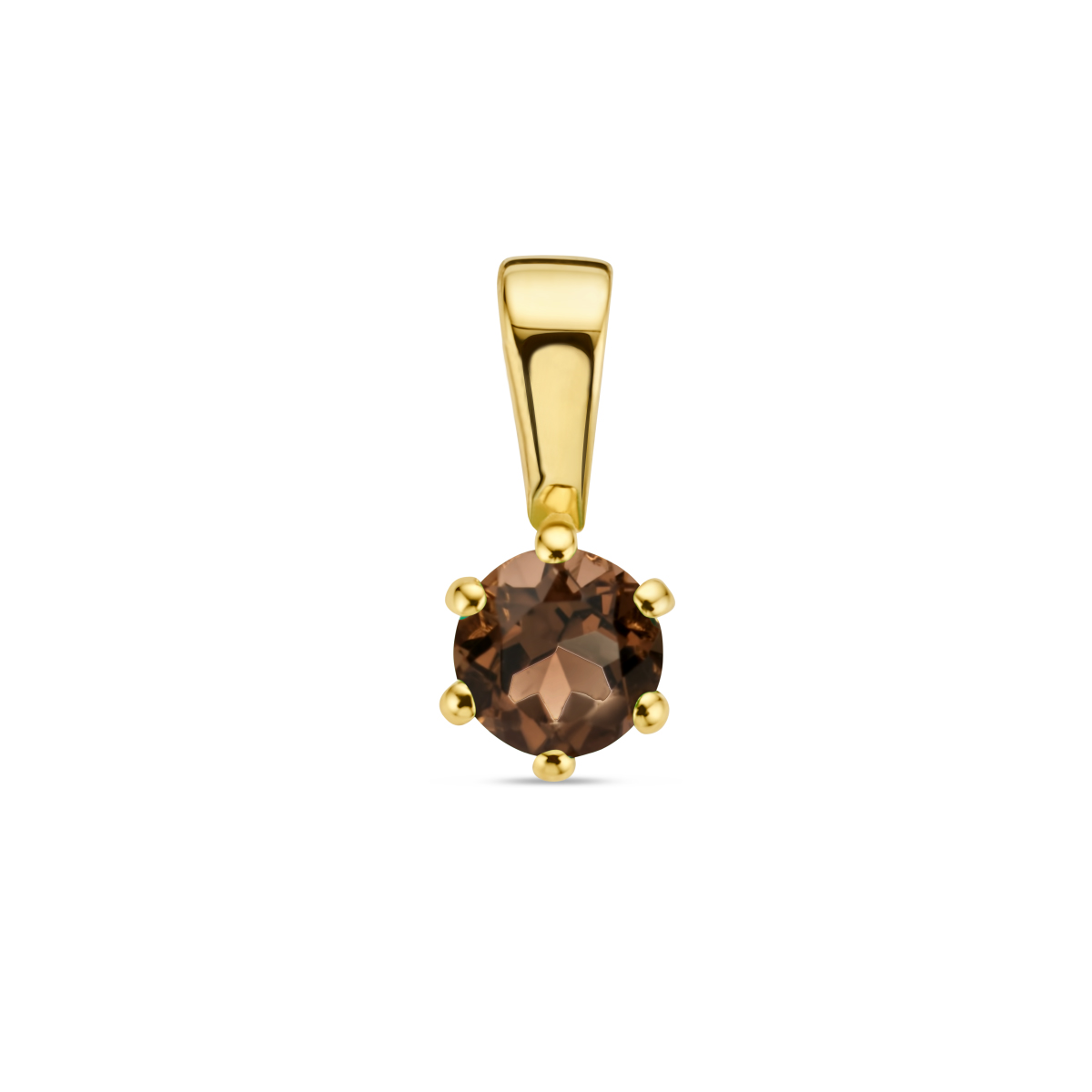14k Geelgouden hanger uitgevoerd met een rookkwarts. De hanger heeft een steengewicht van 0.18ct.