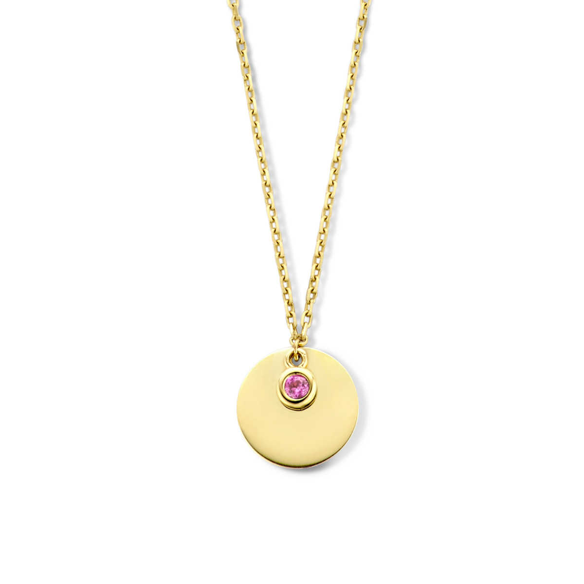 14k Geelgouden collier uitgevoerd met een rond plaatje en zirkonia hanger. Het collier heeft draaglengtes van 45, 47 en 49cm. De schakelbreedte is 1mm. Het plaatje heeft een dikte van 0.3 mm.