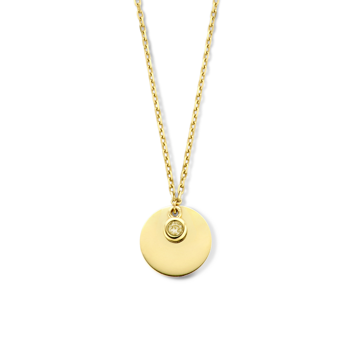 14k Geelgouden collier uitgevoerd met een rond plaatje en zirkonia hanger. Het collier heeft draaglengtes van 45, 47 en 49cm. De schakelbreedte is 1mm. Het plaatje heeft een dikte van 0.3 mm.
