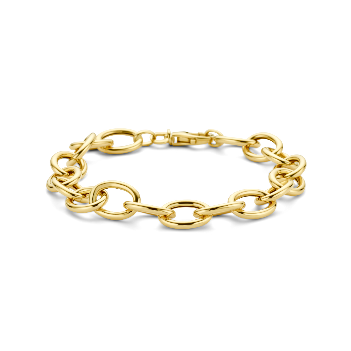 14k Geelgouden anker armband met een schakelbreedte van 10mm. De armband heeft een draaglengte van 19cm en is uitgevoerd met een karabijnsluiting.
