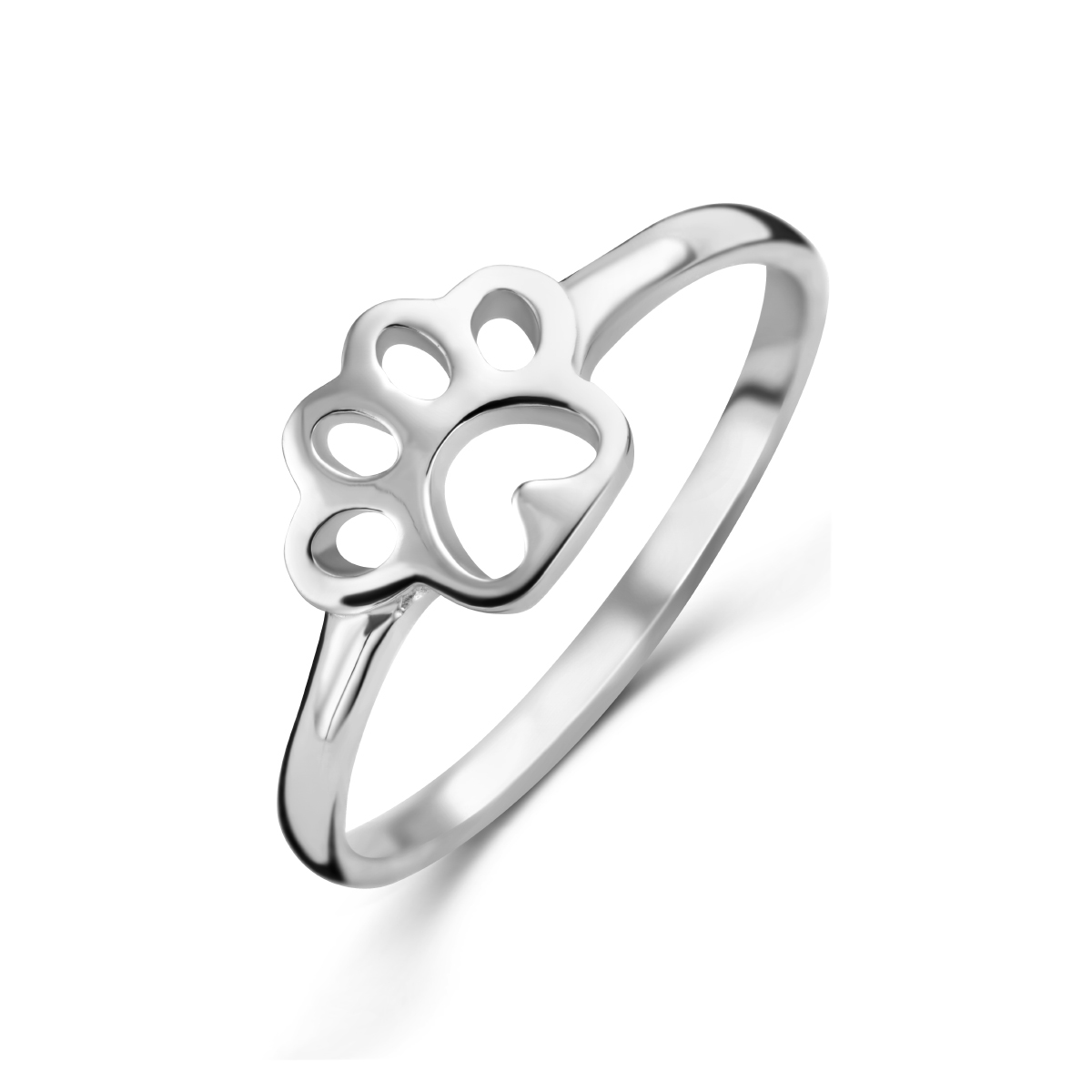 Gerhodineerd 925 zilveren ring uitgevoerd in de vorm van een hondenpoot. De ring heeft een breedte van 6.5mm.