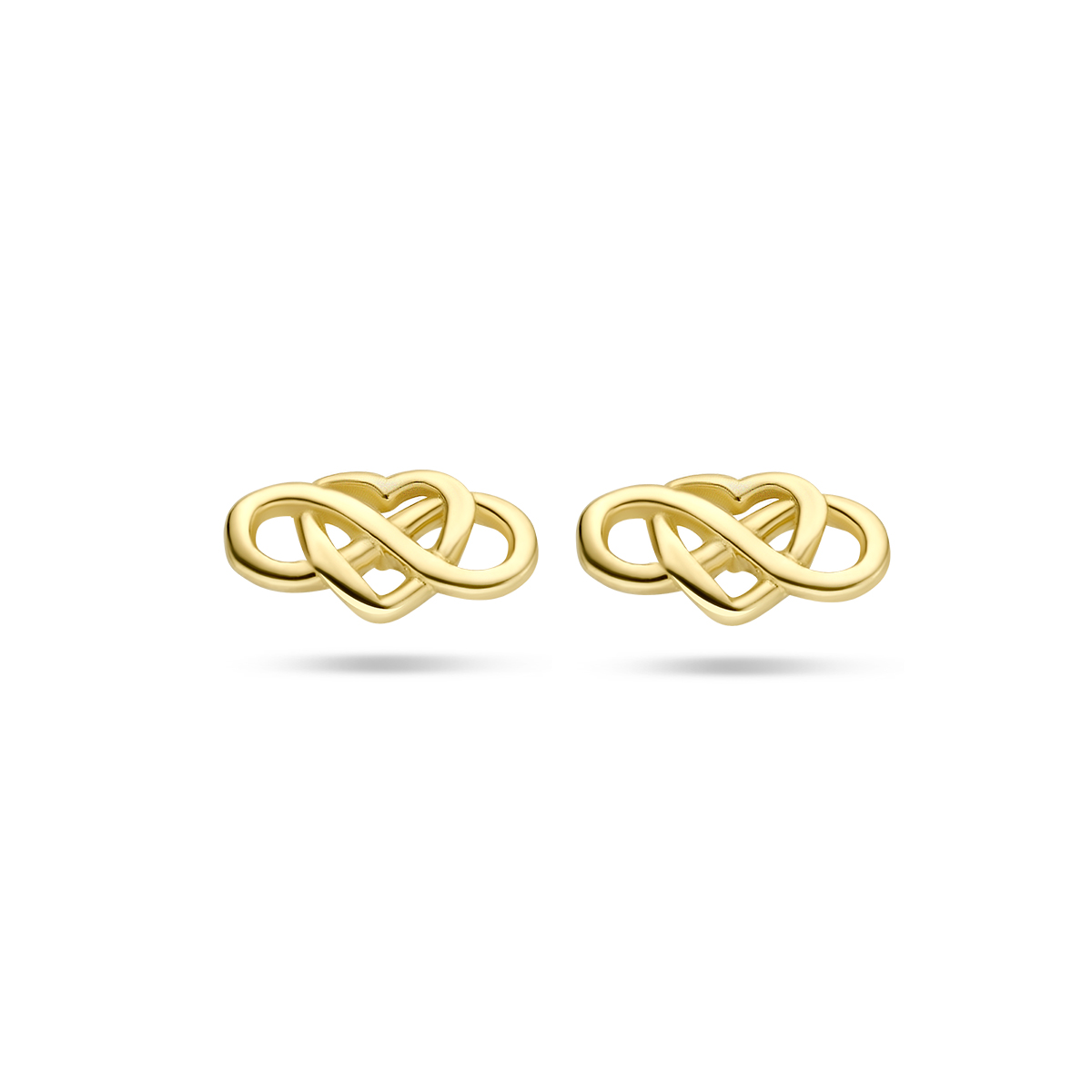 14k Geelgouden oorknoppen uitgevoerd met een hart en een infinity. De oorknoppen hebben een afmeting van 3x5.5mm.