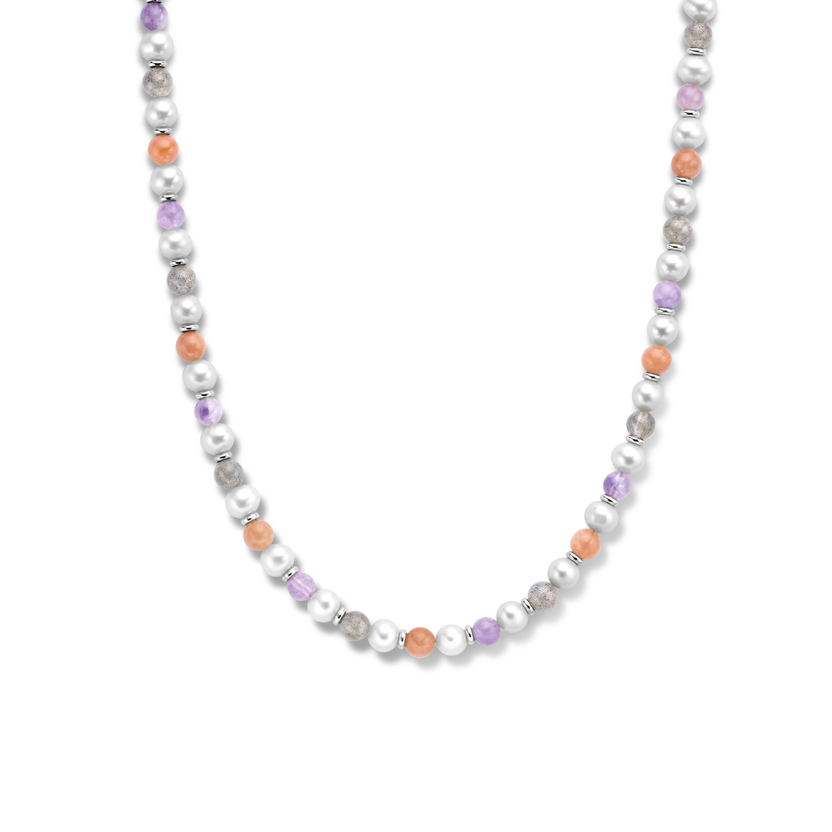 Gerhodineerd 925 zilveren collier uitgevoerd met amethist stenen, maanstenen, labradoriet stenen en zoetwaterparels. Het collier heeft een draaglengte van 42cm met 4cm extensie en een karabijn sluiting.