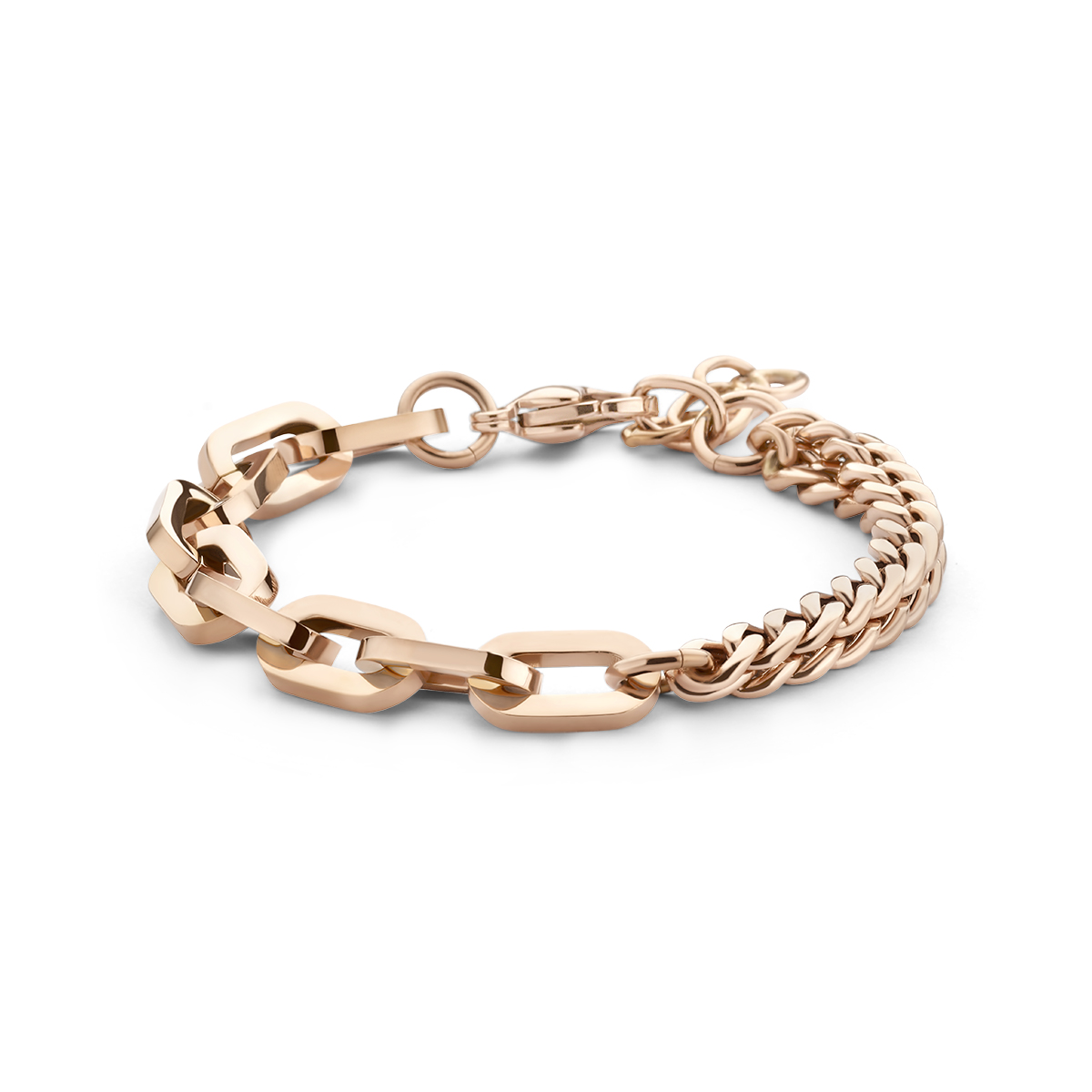 Stalen armband met rosekleurige ion plating en is uitgevoerd met een karabijnsluiting. De armband heeft een paperclip schakel van 8mm en twee gourmette schakels van 5mm. De lengte is 16cm met 3cm extensie. Geen garantie op de plating.