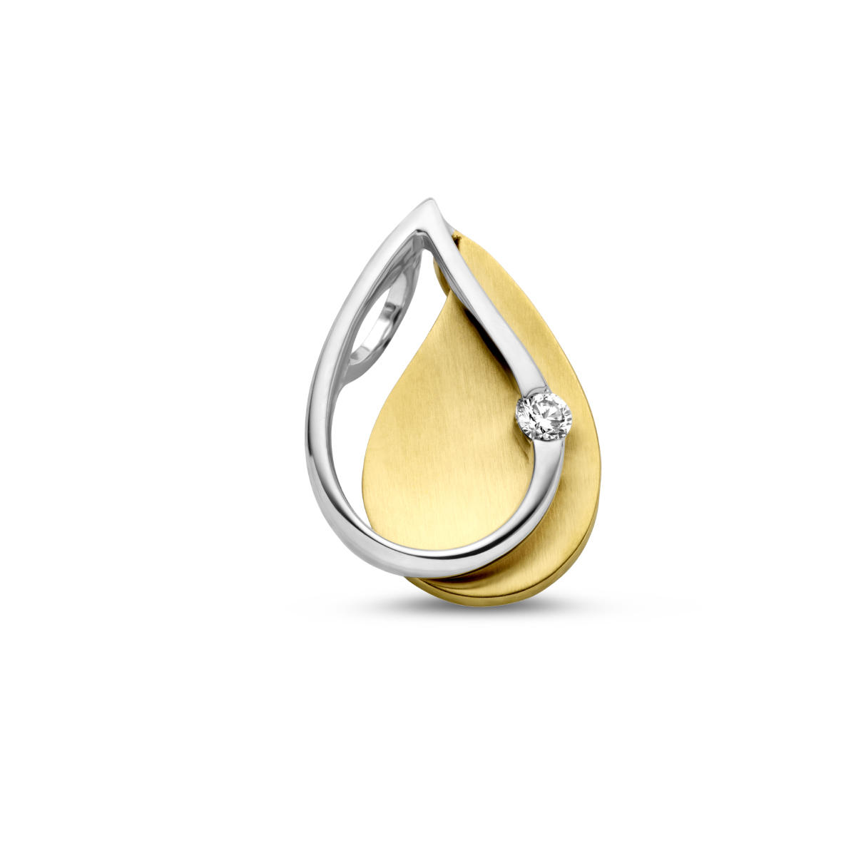 14k Bicolor geel- en witgouden hanger uitgevoerd met een schitterende diamant. De hanger heeft een afmeting van 15x10.5mm.