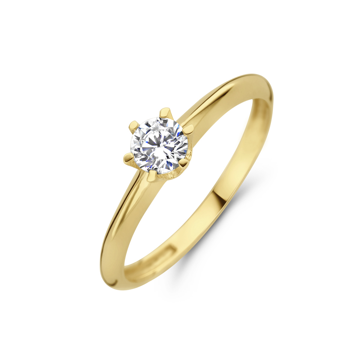 14k Geelgouden ring uitgevoerd met zirkonia. De ring heeft een breedte van 5,5mm.