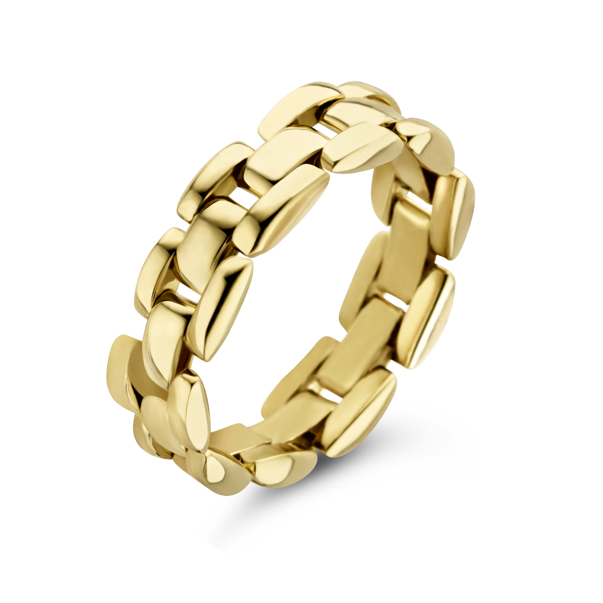 14k Geelgouden flexibele ring met een schakelmotief. De ring heeft een breedte van 5mm.