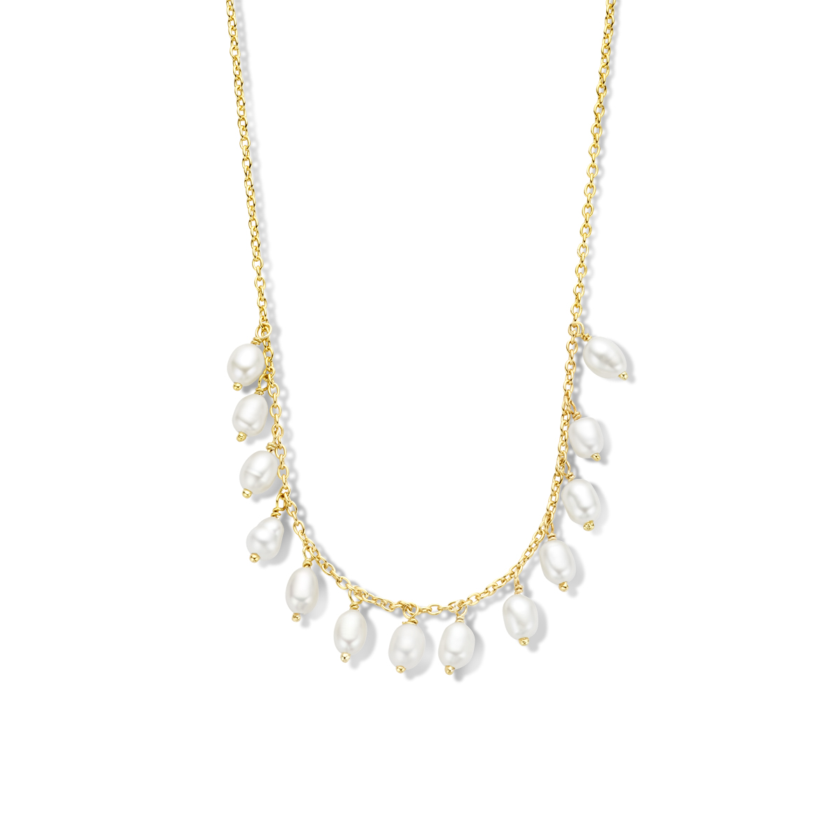 Geelgoud op 925 zilveren collier uitgevoerd met zoetwaterparels en een karabijnsluiting. Het collier heeft een schakelbreedte van 1.2mm en een draaglengte van 40cm met 4cm extensie. Geen garantie op de plating.