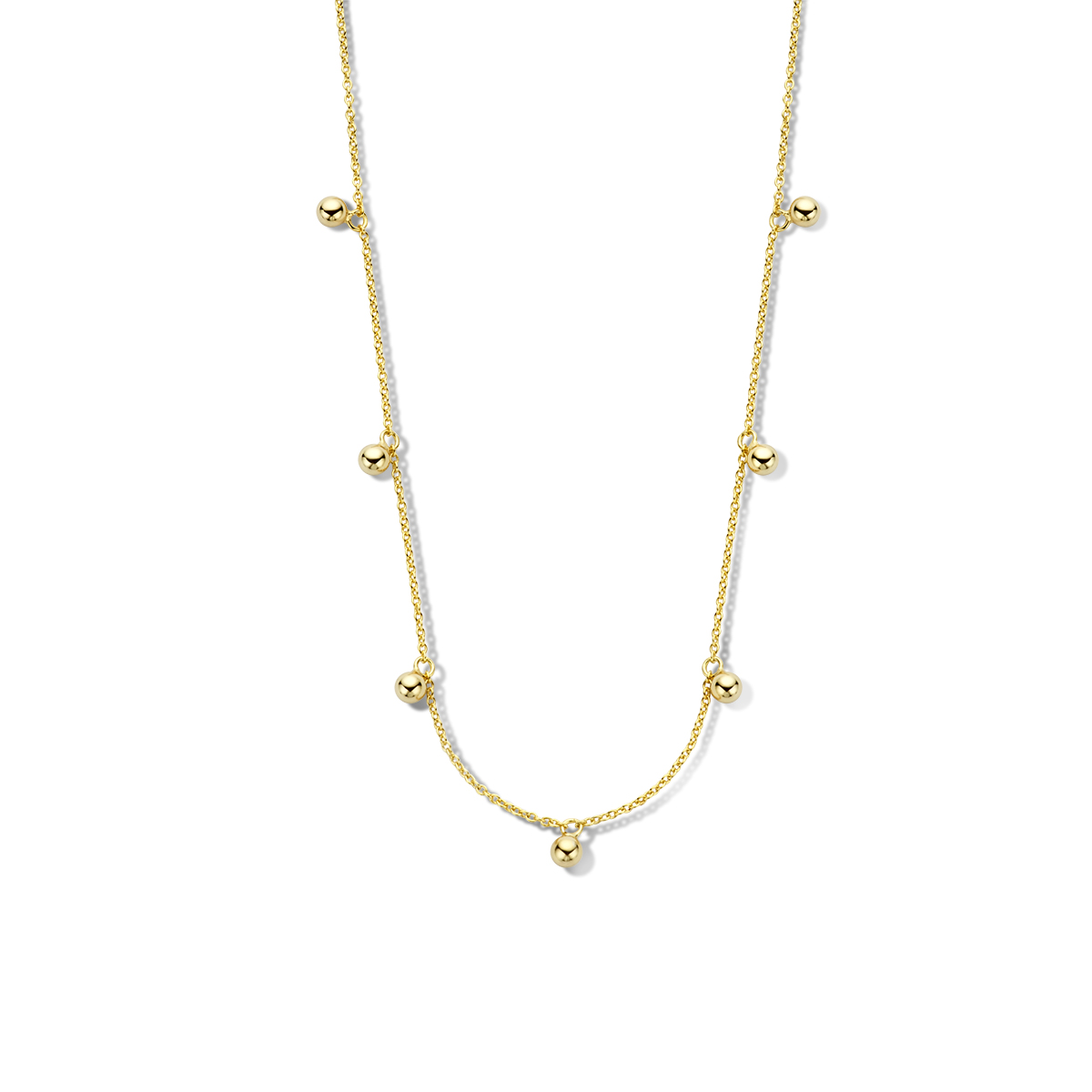 Geelgoud op 925 zilveren collier met bolletjes hangers. Het collier heeft een draaglengte van 40cm en een extensie van 4cm. De schakelbreedte is 1mm. Uitgevoerd met een karabijn sluiting. Geen garantie op de plating.