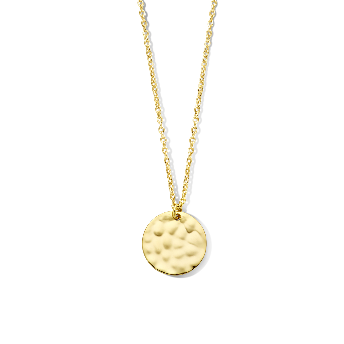 Zilver verguld collier uitgevoerd met een gehamerde ronde hanger en een karabijn sluiting. Het collier heeft een schakelbreedte van 1.2mm en een draaglengte van 42cm met 4cm extensie. Geen garantie op de plating.