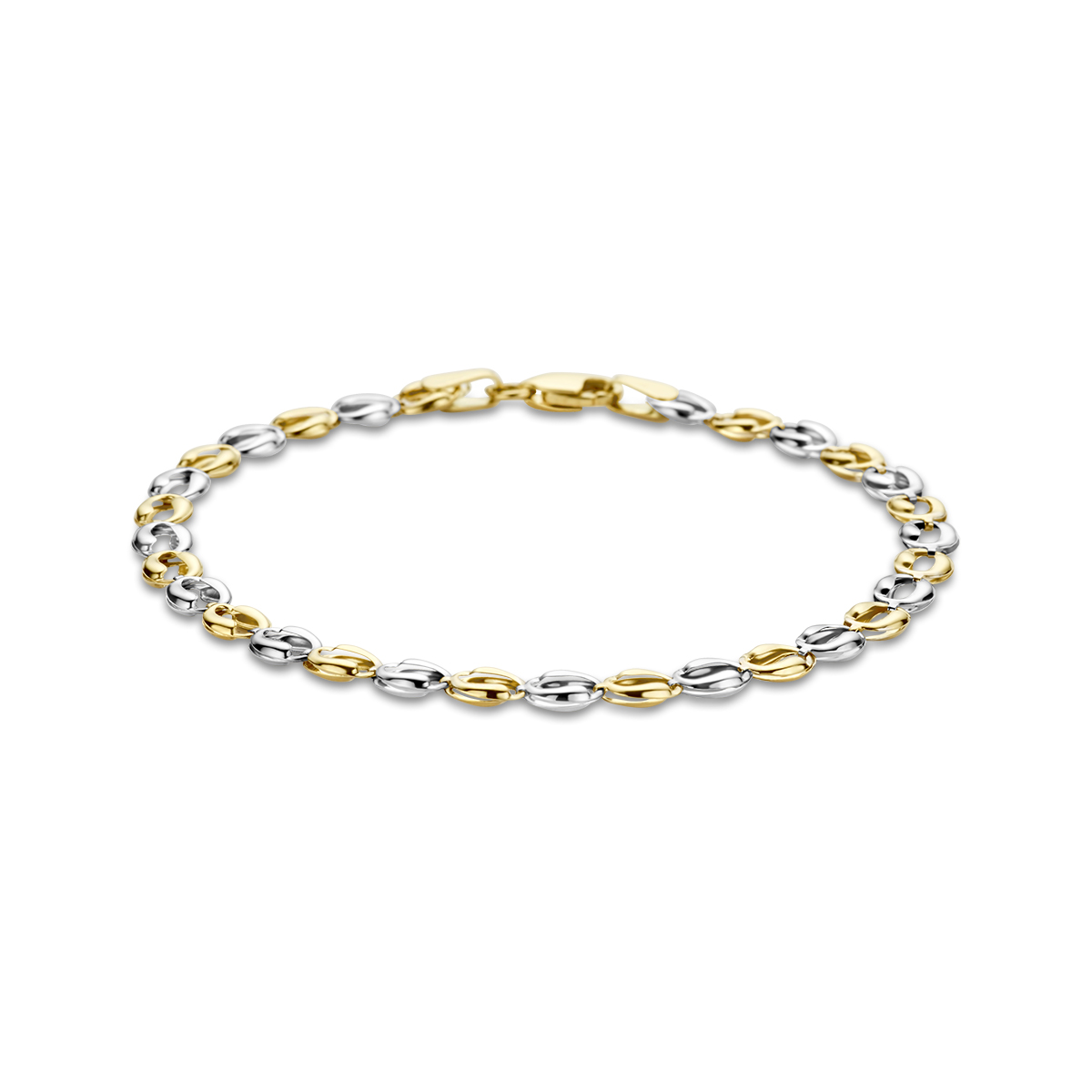 Bicolor geel- en witgouden armband met een schakelbreedte van 4.5mm en een draaglengte van 19cm. De armband is uitgevoerd met karabijn sluiting.