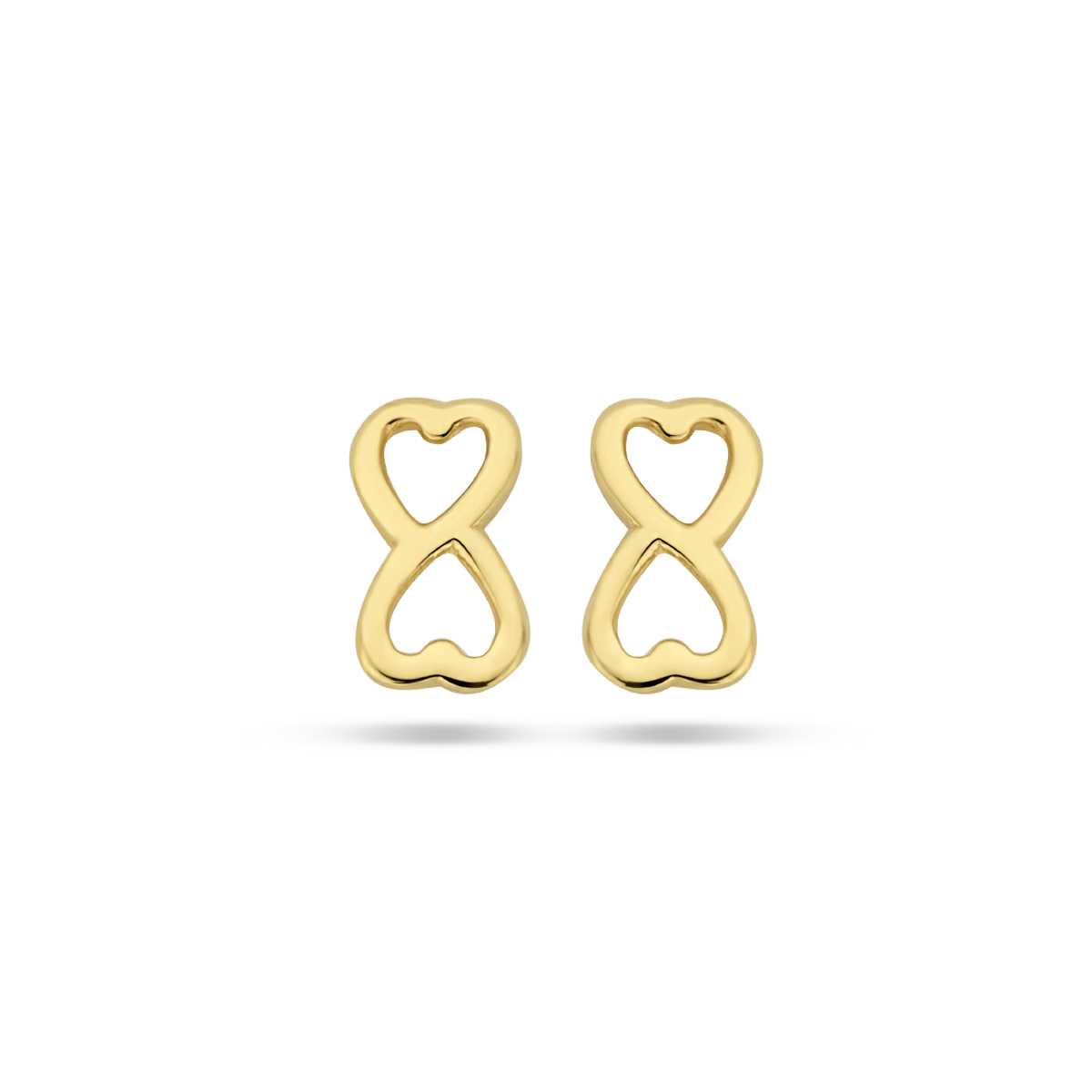 14k Geelgouden oorknoppen uitgevoerd in de vorm van een infinity teken met twee hartjes. De oorknoppen hebben een afmeting van 3x5.5mm.