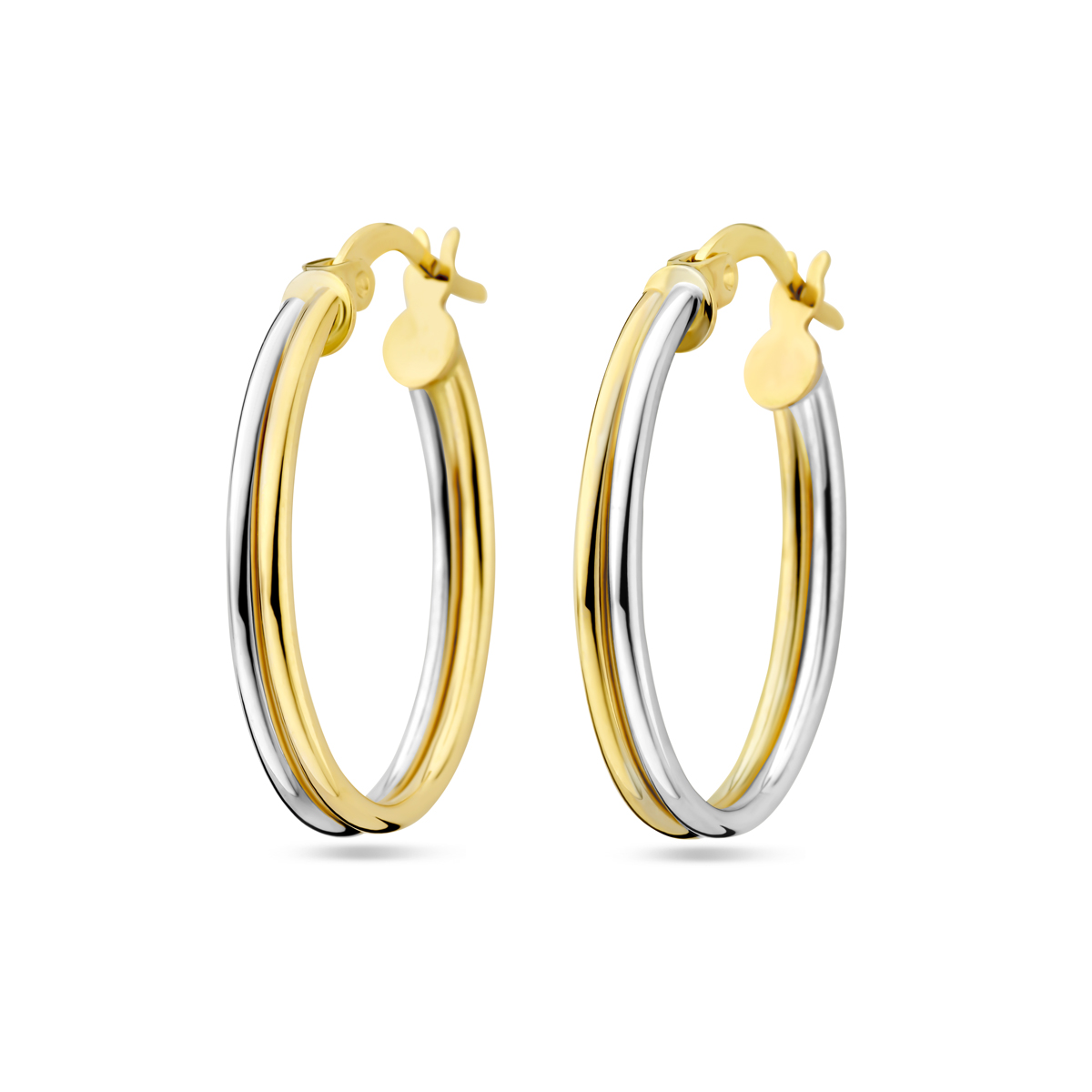 14k Bicolor geel- en witgouden oorringen met een afmeting van 25.5x3mm.