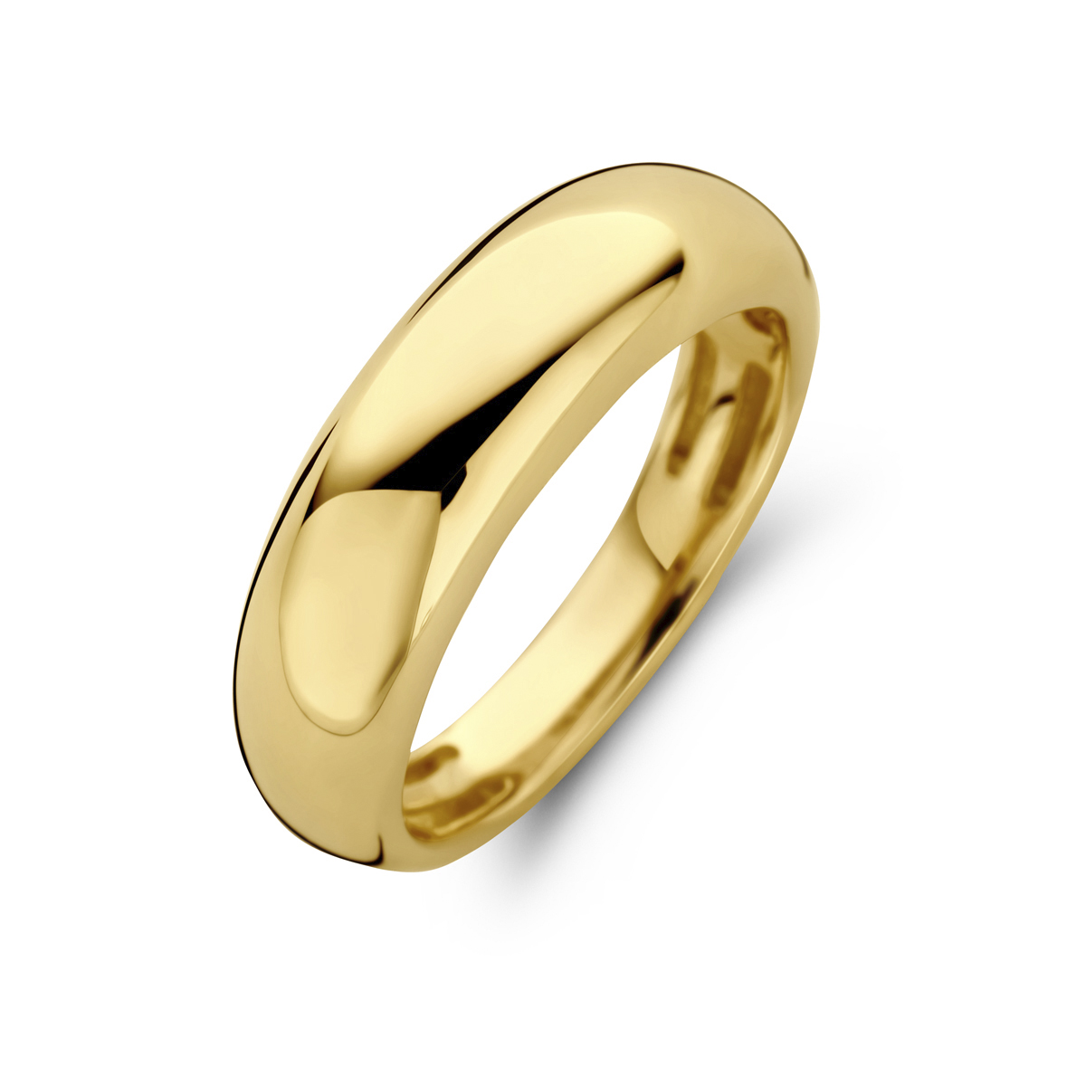 14k Geelgouden ring met een breedte van 6.0mm. De ring voelt comfortabel aan door de opengewerkte bodem.