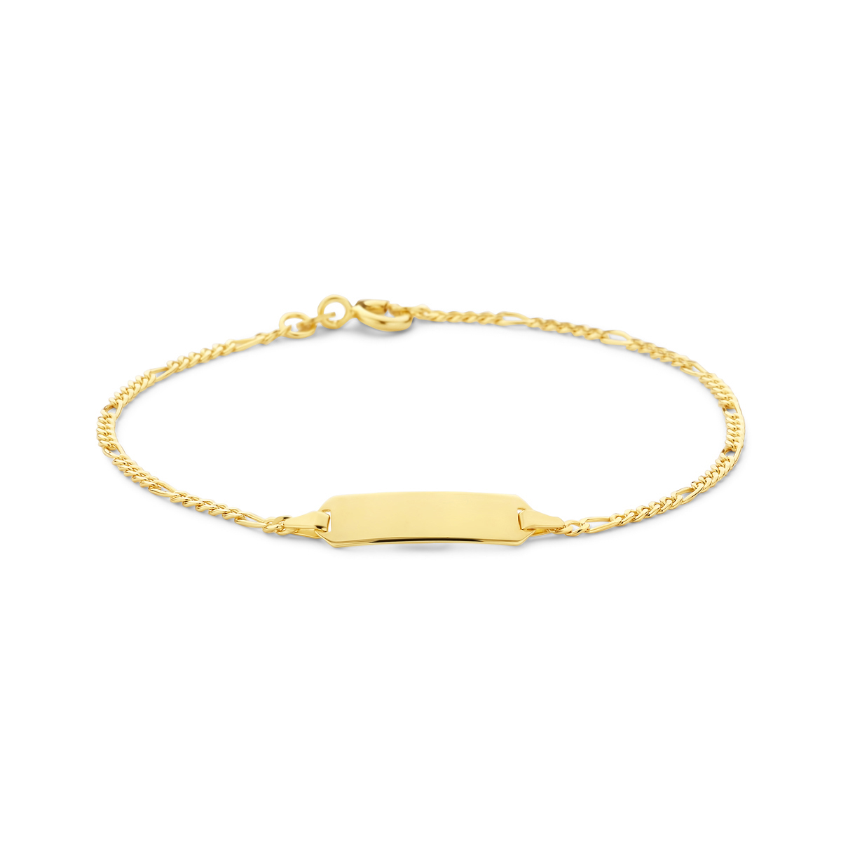 14k Geelgouden graveerarmband met een plaat van 5.3mm. De armband heeft een draaglengte van 15.5cm met 4 eindogen tot 19cm. De schakelbreedte is 1.8mm. Uitgevoerd met een veerslot.
