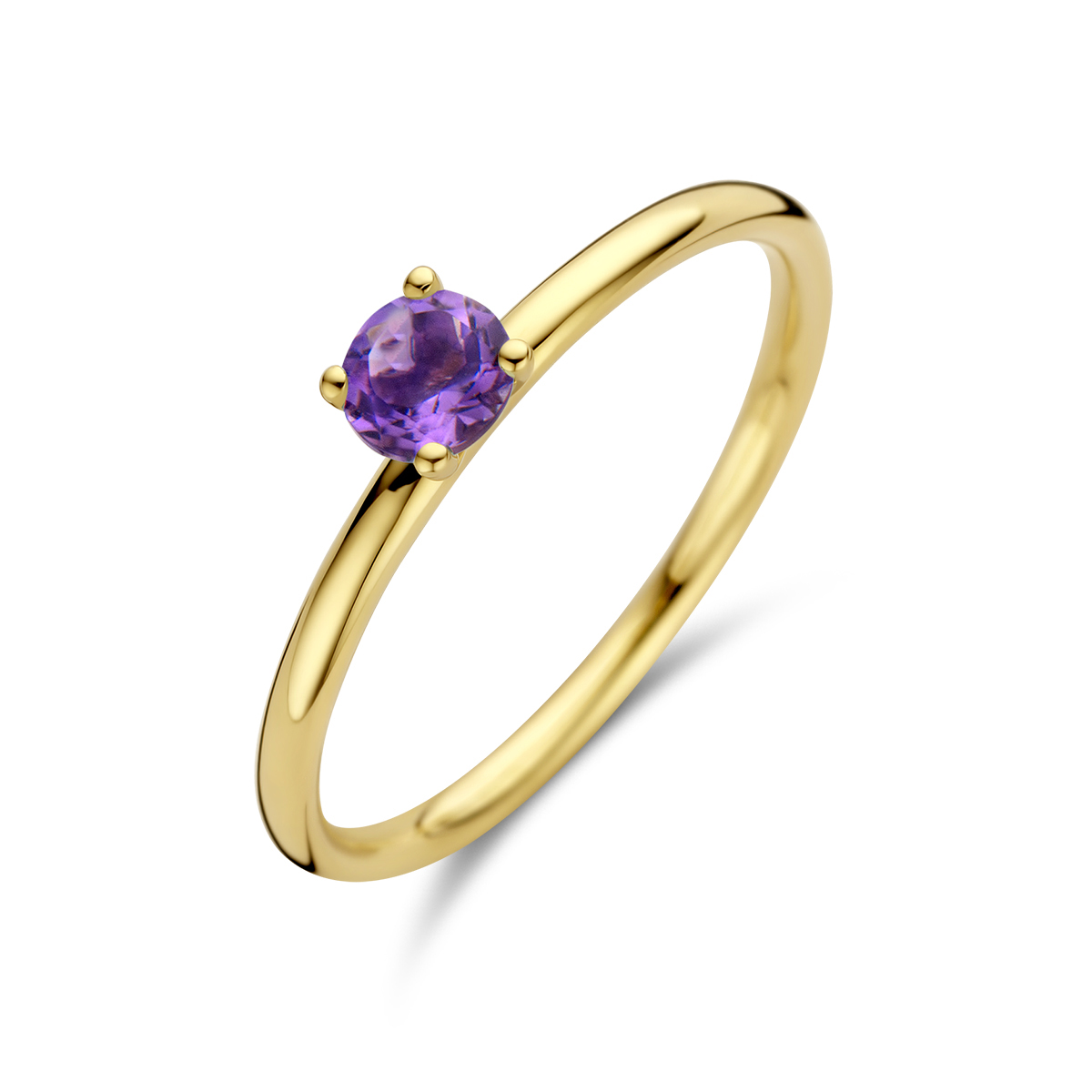 14k Geelgouden ring uitgevoerd met amethist. De ring heeft een breedte van 4mm.