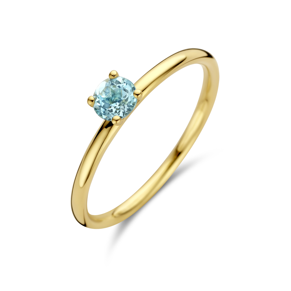 14k Geelgouden ring uitgevoerd met blauw topaas. Dr ring heeft een breedte van 4mm.