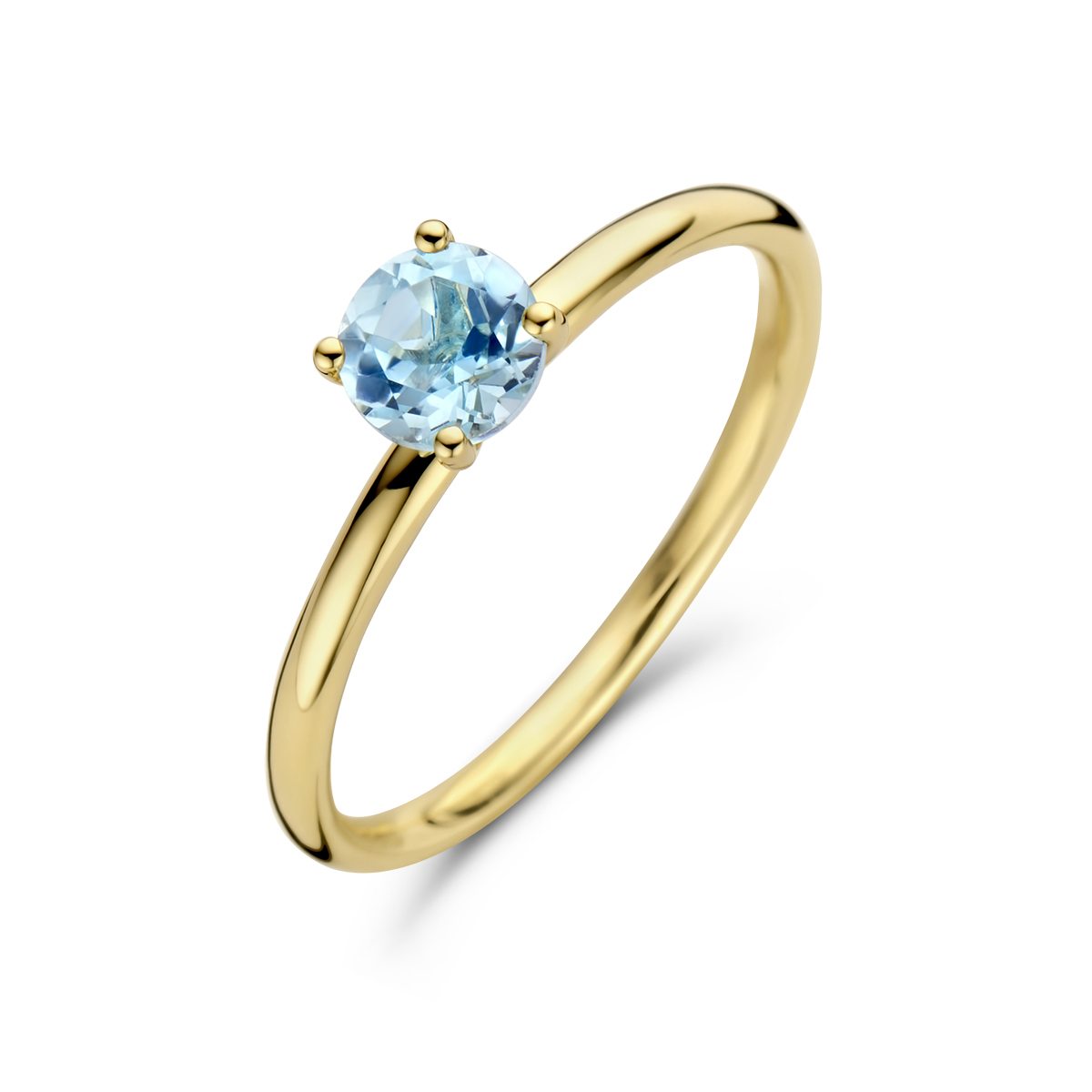 14k Geelgouden ring uitgevoerd met blauw topaas. Dr ring heeft een breedte van 5mm.