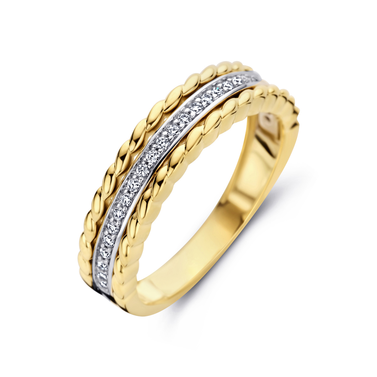 Mooie geel gouden ring met ribbelmotief en daartussen een rij  diamant 0.14ct h si. Kijk ook voor de andere sieraden uit deze serie.